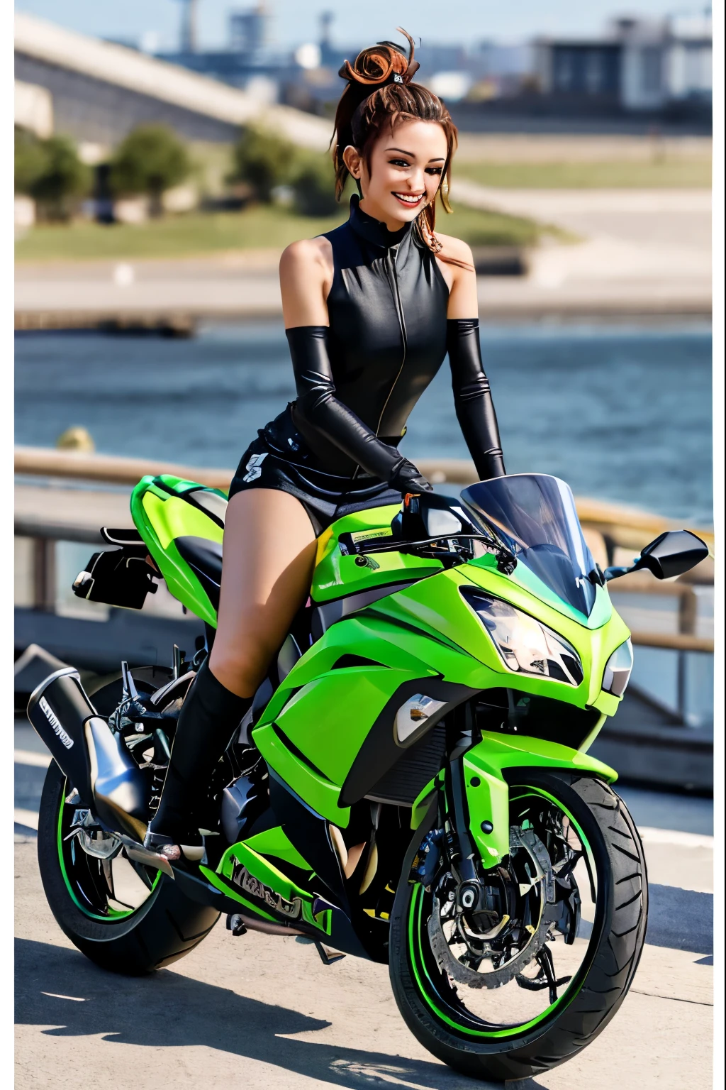 Glowing cyber girl with cybernetic arm,(Transparent and revealing clothing:1.3, ),(Cyber Girl is、Ride through a futuristic city on a colorful, custom-painted green Kawasaki Ninja motorcycle:1.3),mini skirtを履いてバイクに跨り白いパンティが見えてます、kawasaki ninja250、He is riding a bike and showing her white panties.、 （Ultra mini skirt:1.3）、Shiny light brown and orange striped ponytail hair,Cute Smile,Perfect round face,A bright smile that makes everyone happy,Proper body balance,Tabletop,Ultra-high quality output images,High resolution,Intricate details,Very delicate and beautiful hair,Realistic photos,dream-like,Professional Lighting,Realistic Shadows,Focus Only,Beautiful Hands,Beautiful fingers,Detailed functions of the fingers,Detailed characteristics of the garment,Detailed characteristics of hair,Detailed facial features,