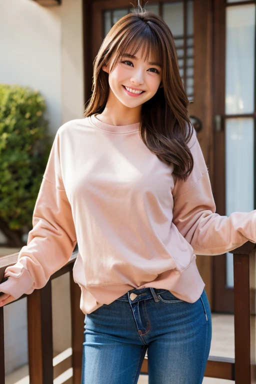 Japanese girl with brown hair and medium breasts wearing sweatshirt and tight jeans and smiling sexy