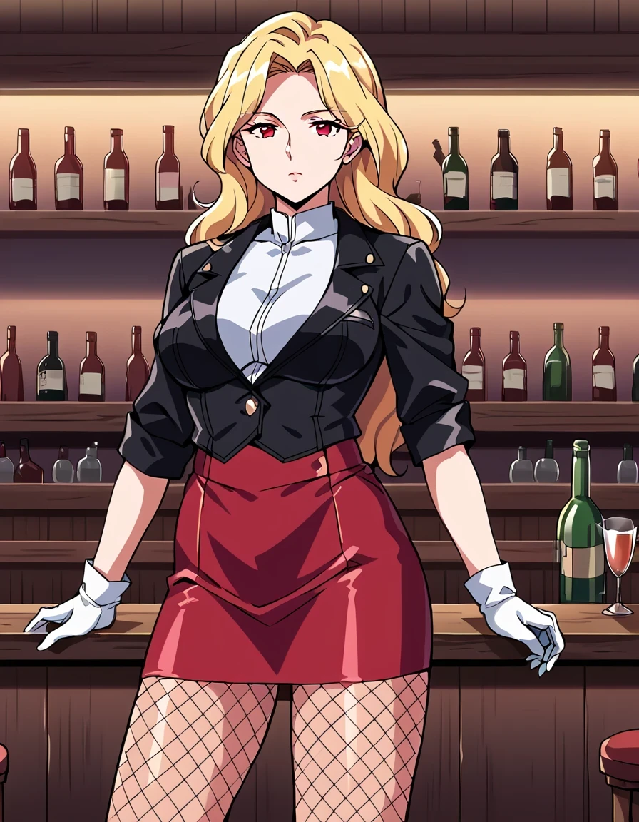 score_9, score_8_up, score_7_up, score_6_up, score_5_up, score_4_up, source_anime, BREAK, 1girl, mature female, long hair, blonde hair, red eyes, fishnet pantyhose, red skirt, leather jacket, white gloves, bar, tavern, smoking, looking at the viewer, expressionless