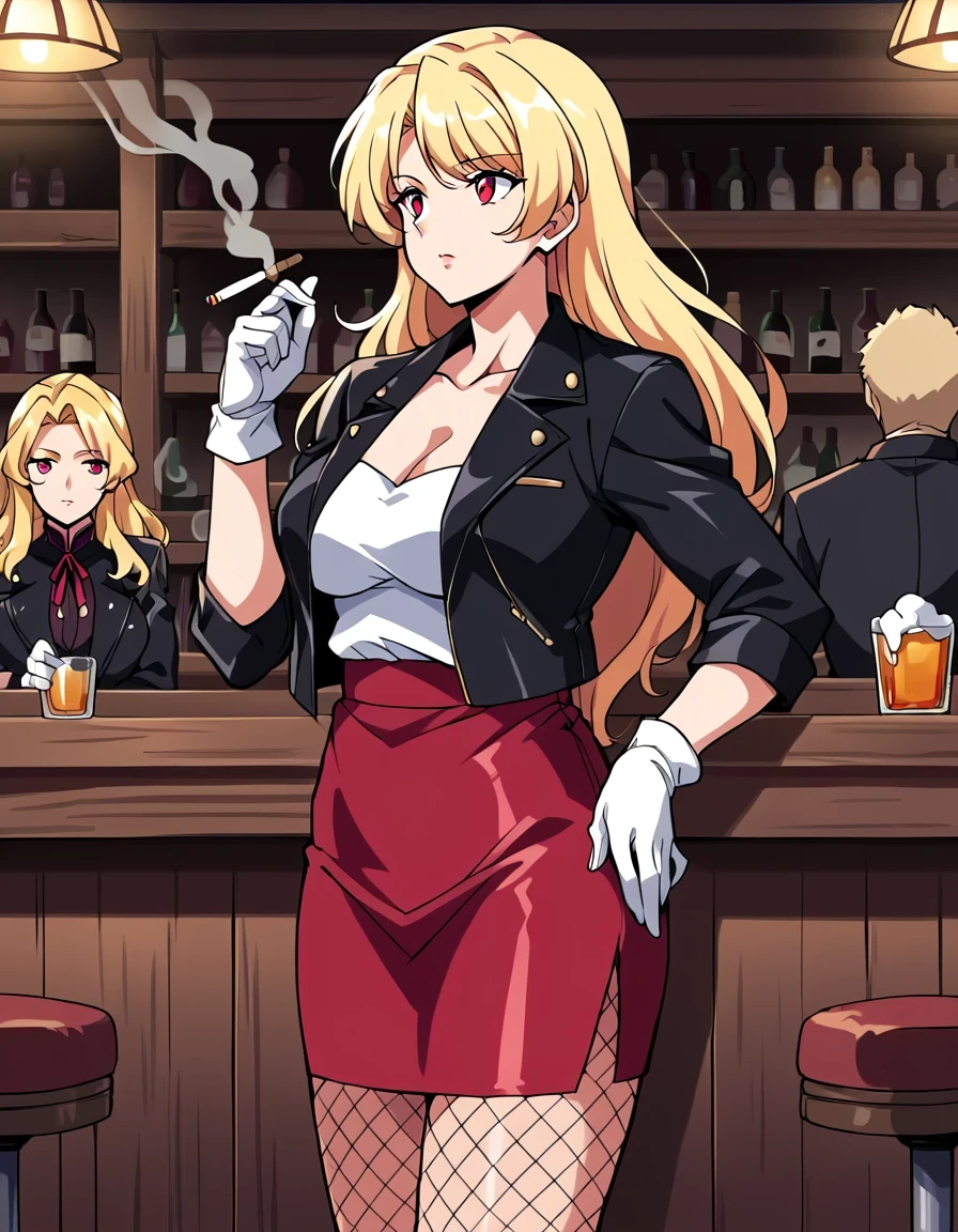 score_9, score_8_up, score_7_up, score_6_up, score_5_up, score_4_up, source_anime, BREAK, 1girl, mature female, long hair, blonde hair, red eyes, fishnet pantyhose, red skirt, leather jacket,  white gloves, bar, tavern, smoking, looking to the side, 