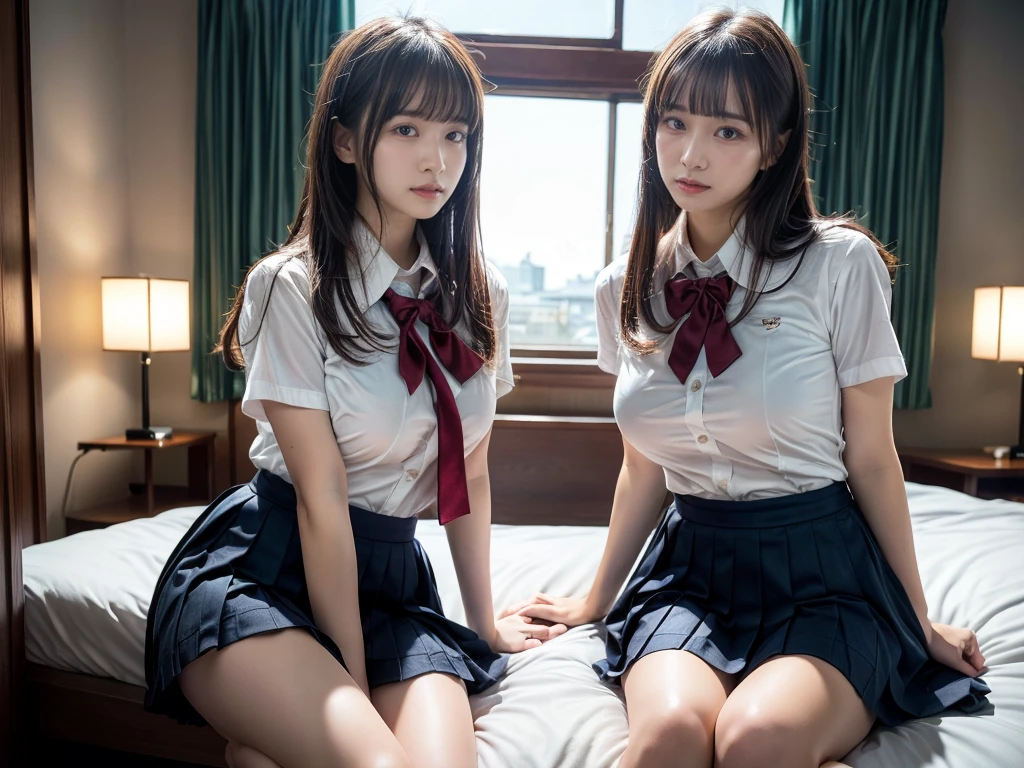 (RAW photo, 4k, masterpiece, high resolution, extremely complex) (realistic: 1.4), cinematic lighting
((2 girls, 2 schoolgirls)),Slam Dunk's,blushing,((innocent)),bright eyes,round eyes,blunt bangs,(straight hair:1.3),black hair,large breasts,wide hips,Summer Noon, ,Hot, (Best Quality), (Highres), (an Extremely Delicate and Beautiful),(Beautiful 8k face),(Brown eyes),short bob hair,( spectators),(gigantic breasts),(Play with each other,Touching each other's bodies,Touching the body),(Japanese high school uniform:1.3),blue skirt,(reality),bright lighting,(The background is a luxury hotel room)