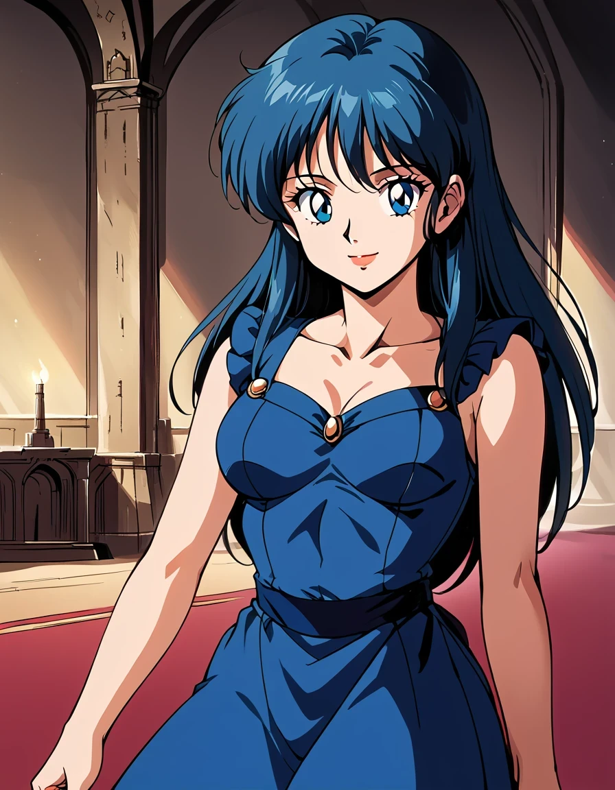 score_9, score_8_up, score_7_up, score_6_up, source_anime, BREAK, 1girl, blue hair, long hair, blue eyes, smile, indoors, castle, blue gown, retro artstyle, 