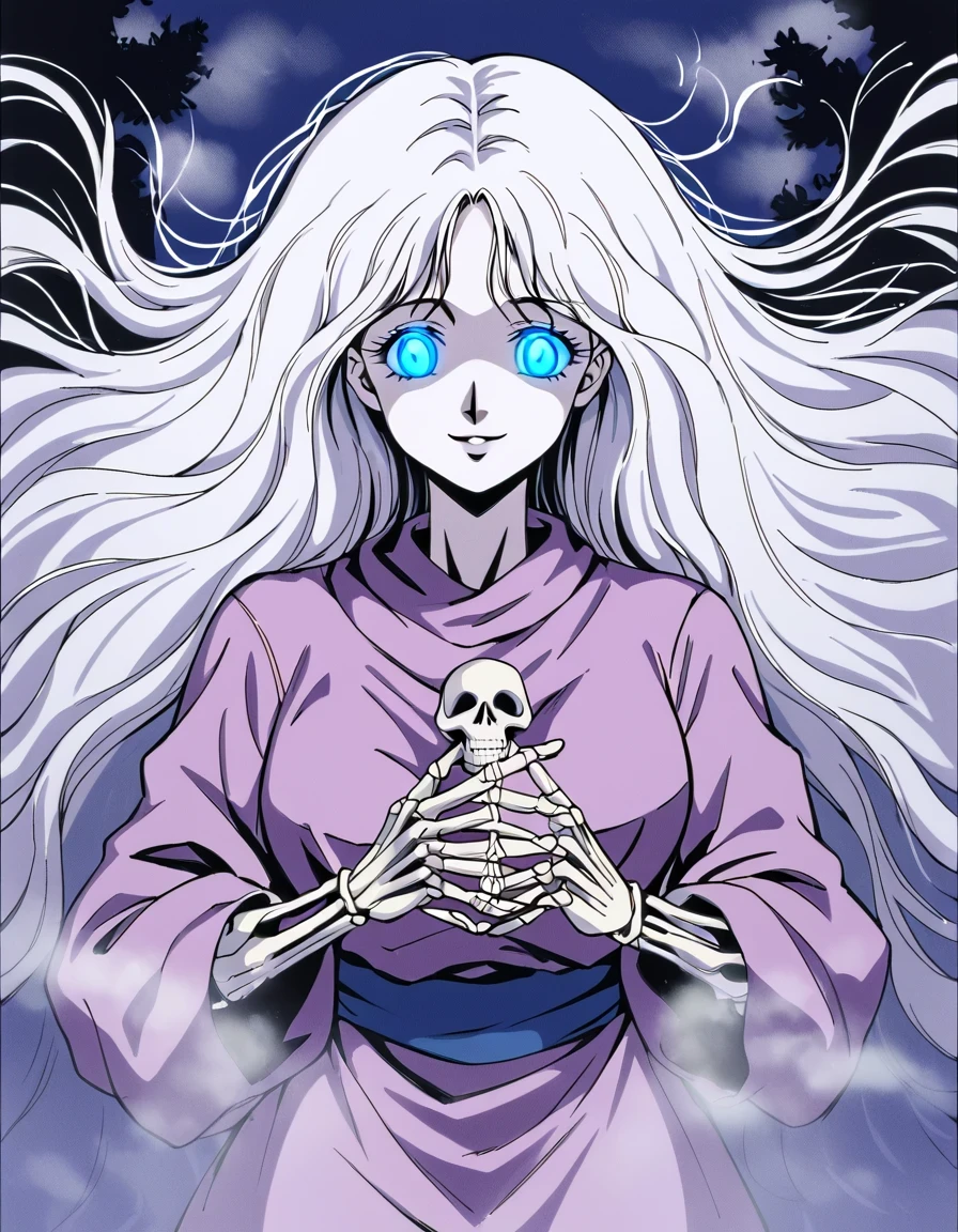 score_9, score_8_up, score_7_up, score_6_up, score_5_up, score_4_up, source_anime, BREAK, solo, mature female, very long hair, white hair,  messy hair, floating hair, blue eyes, glowing eyes, shaded face, evil smile, skeletal arm,  skeletal hand,  forest, night, fog,  horror \(theme\),  retro artstyle,  