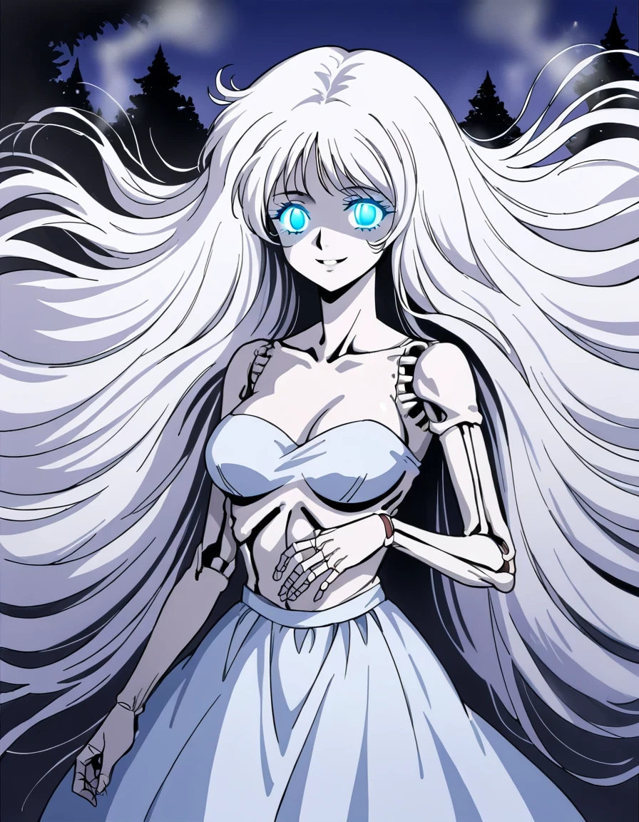 score_9, score_8_up, score_7_up, score_6_up, score_5_up, score_4_up, source_anime, BREAK, solo, mature female, medium breasts, very long hair, white hair,  messy hair, floating hair, blue eyes, glowing eyes, shaded face, evil smile, skeletal arm,  skeletal hand,  forest, night, fog,  horror \(theme\),  retro artstyle,  