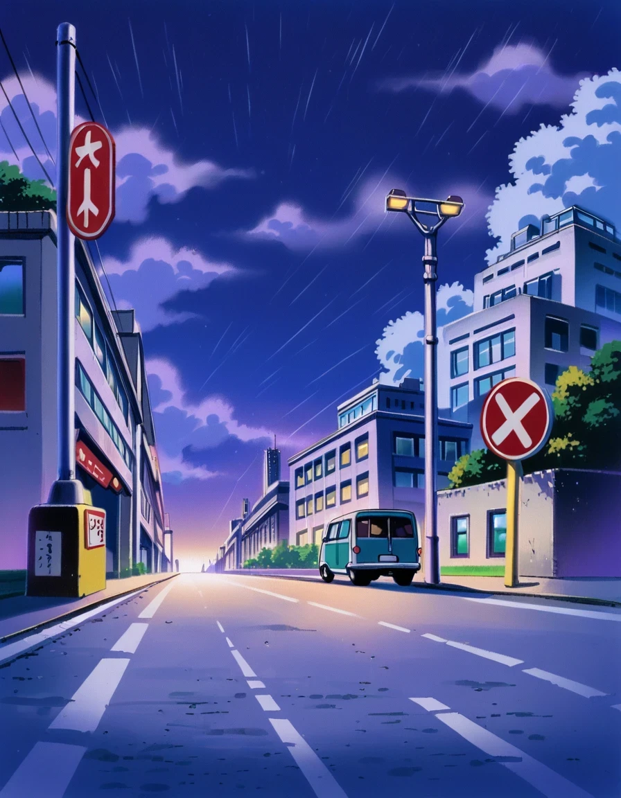 score_9, score_8_up, score_7_up, score_6_up, source_anime, BREAK,cityscape, metropolis, tokyo tower, bus stop, rain, road, road sign, car, building, night, night sky, cloudy sky, retro artstyle,  