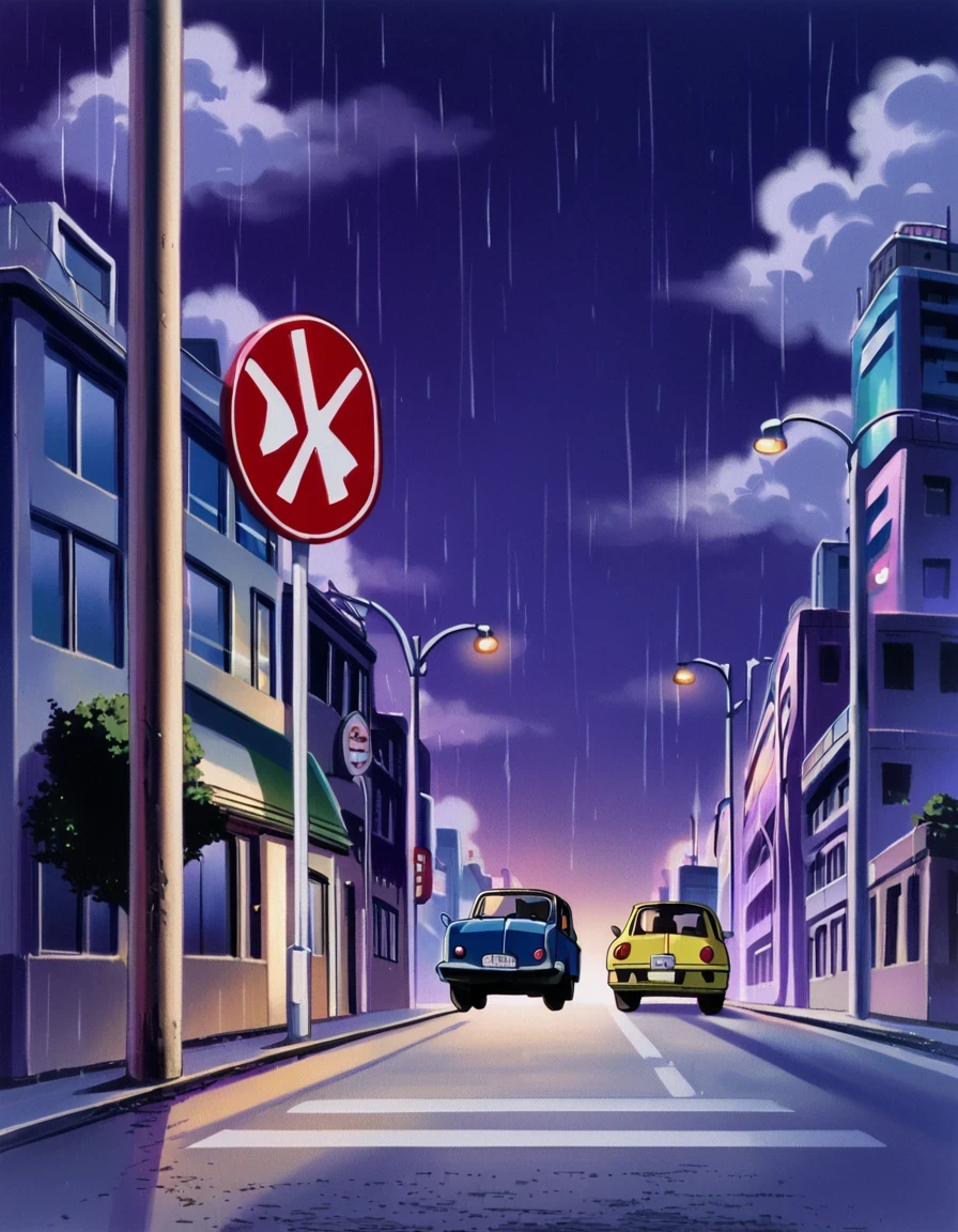 score_9, score_8_up, score_7_up, score_6_up, source_anime, BREAK,cityscape, metropolis, tokyo tower, bus stop, rain, road, road sign, car, building, night, night sky, cloudy sky, retro artstyle,  