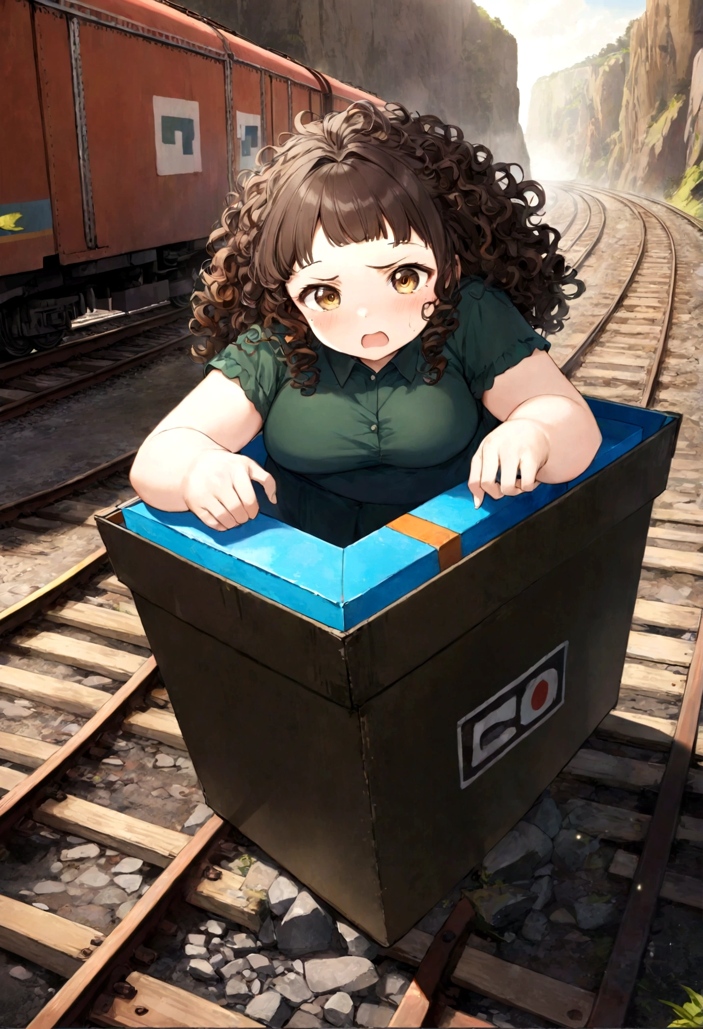 ((maximum quality, 8K Wallpaper)),(Artwork, best quality),extremely detailed,High definition,(official art:1.3),(((anime screenshot,black outline))),( perfect hands), (perfect fingers), 1 Brazilian girl, (Alone:1.7), BREAK (parted bangs:1.6), ETO-OC, ETO_OCC, (curly hair:1.3), (long hair), black hair, bushy eyebrows , pale skin, curvy, (plump), (hazel eyes:1.3), mature woman, Q Artwork, best quality, highly detailed, 1 girl, curly hair, alone, Surprise, crying with eyes open, tears, tearing , pupils contracted, screaming, scared, synonym 1, flying in my car,falling towards the bottom of a Cliff in high position,Cliff,oxidized,Iron,(((box-shaped minecar,in the box))),train tracks,speed lines