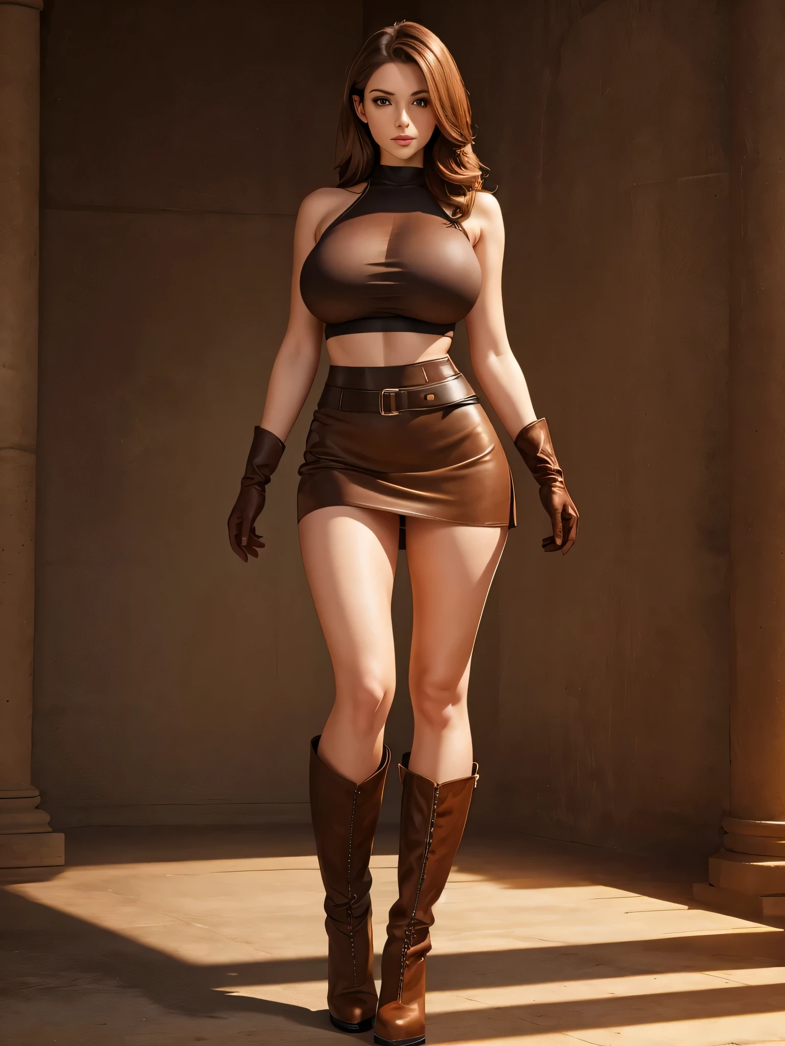 Full body, realistic, 8k, best quality, masterpiece, (1 cute woman, solo: 1.1), very big breasts, long brown hair, brown crop top, brown skirt, brown gloves, brown high heel boots, naked shoulders