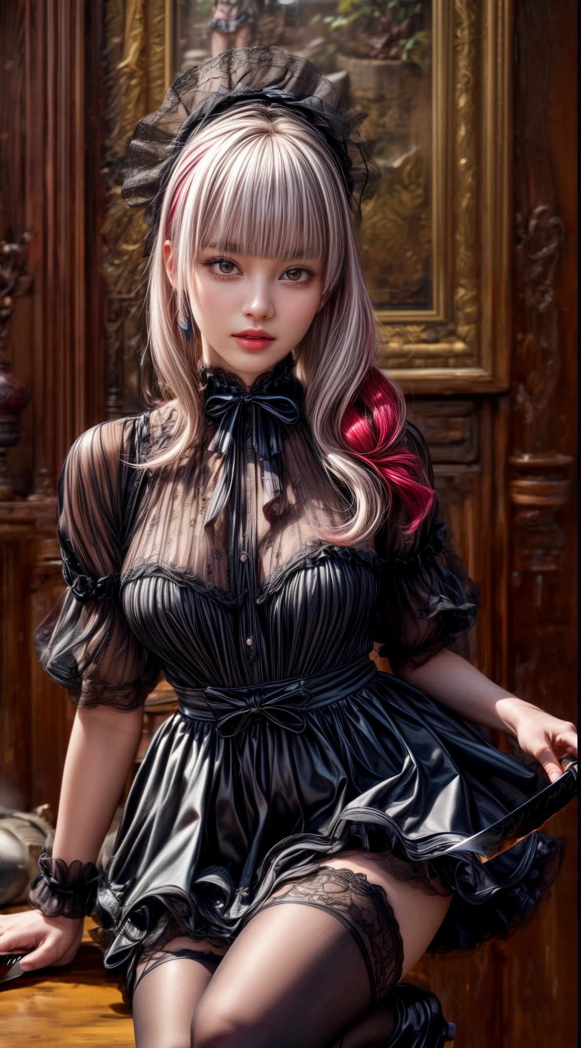 Mature Woman、Pink Hair、Light grey hair、((Two-tone hair))、Black Lolita dress with delicate pink embellishments、Slender women、Cute Woman、 8K Ultra HD,Detailed face、Delicate texture, Long Hair、(((Blunt bangs)))、(((Drill Hair)))、Tutu skirt、thigh length tights、short boots、((Sweet Lolita))、mini skirt、A room in a Western-style building、((Delicate photo))，(Girl Astepeace RAW Photo Details:1.25), (highest quality:1.6), (超A high resolution:1.5), (Realistic:1.75), 8K resolution, Canon EOS R5, 50mm, Absurd, Very detailed,Cinema Lighting、(((Holding a knife:1.25)))