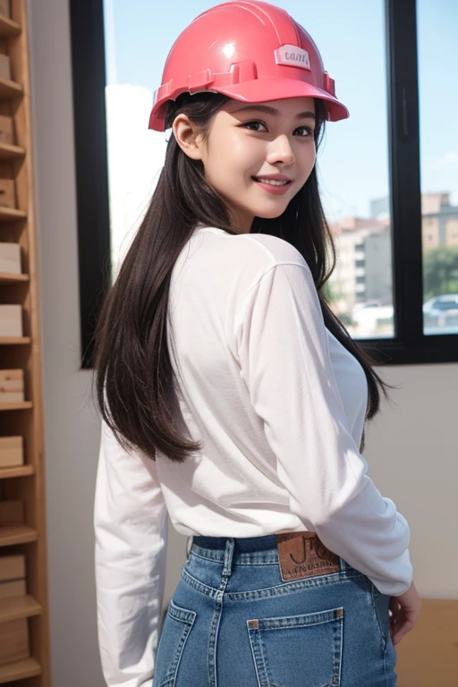 Female 25 years old,Front facing、jeans, worker clothes、shiny skin、Looks like work is fun、smile、 fine fabric texture, jeans、long sleeve shirt、pink helmet,Construction site、Rear show window、return、looking at camera、Backlight