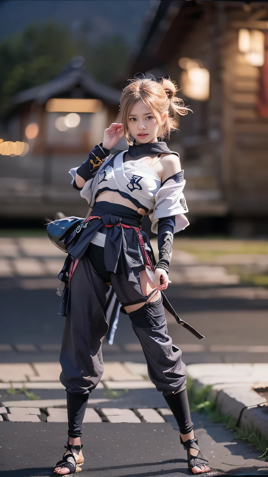((The background is the village of Shinobi:1.5)、Female ninja training in the village)、(Realistic、Like a photograph、Live Action、8k, Photorealistic, RAW Photos, Best image quality: 1.4), Single-lens reflex camera、RAW Photos, highest quality, Realistic, Highly detailed CG Unity 8k wallpaper, Written boundary depth, Cinematic Light, Lens flare, Ray Tracing, Realistic background、((waso:1.5、ninjya:1.3、kunoichi:1.4、skirtlift)、Sexy Ninja:1.37、Get into a fighting stance:1.3、Ninjutsu activation:1.2、Trained abdominal muscles、Big Breasts、Pull up the hem to reveal your underwear:1.3)、Grey Hair、short hair、Standing in the village、Night Village、((Ultra-dense skin))、 1 girl,Cute Kunoichi、((whole body:1.5)，Looking at the audience:1.1、Glare、I like that style、Pay attention to the details、The perfect outfit、(White skin)、An accurate portrait、Accurate Arm、Accurate feet、Beautiful legs、Precise thighs、Anatomically correct body、View from below
