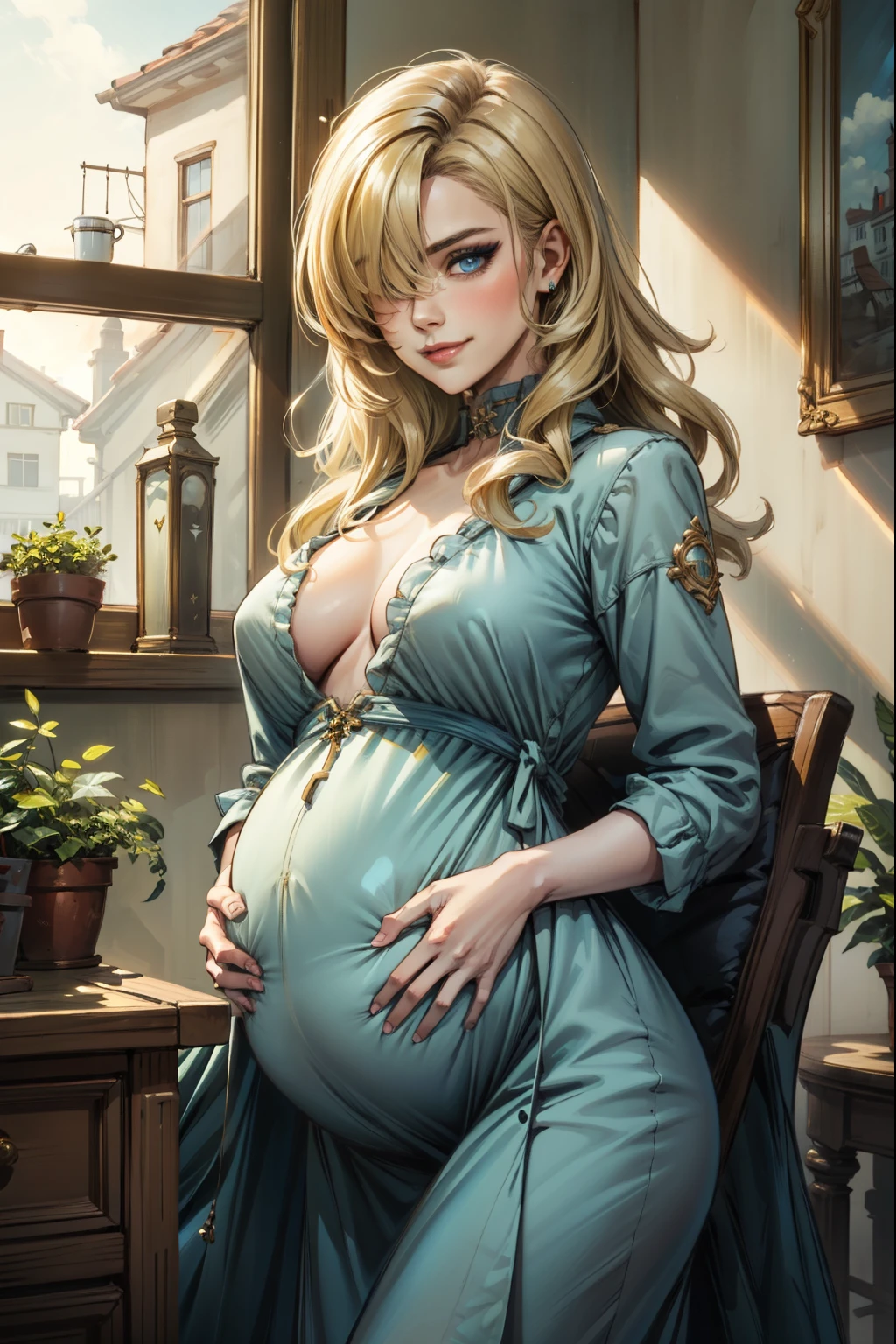 (masterpiece, best quality:1.2), solo, 1girl, hair over one eye, blue eyes, Gentle smile, Make up, Pregnant, contemporary house interior, Maternity dress,