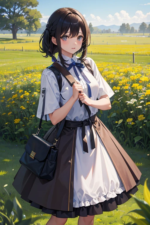 Una chica de cabello corto, vestida con un atuendo de cazador, con un bolso en el hombro, chispas en las manos, con fondo de un campo de entrenamiento