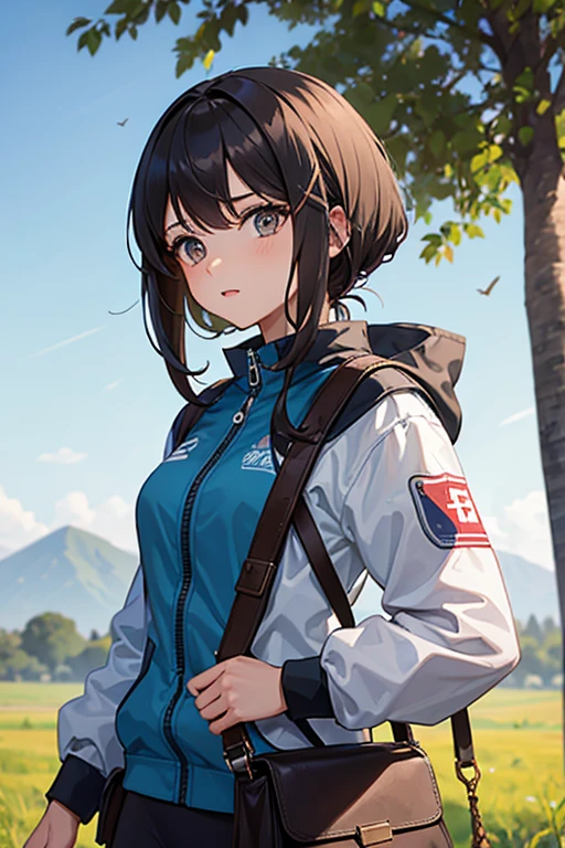 Una chica de cabello corto, vestida con un atuendo de cazador, con un bolso en el hombro, chispas en las manos, con fondo de un campo de entrenamiento