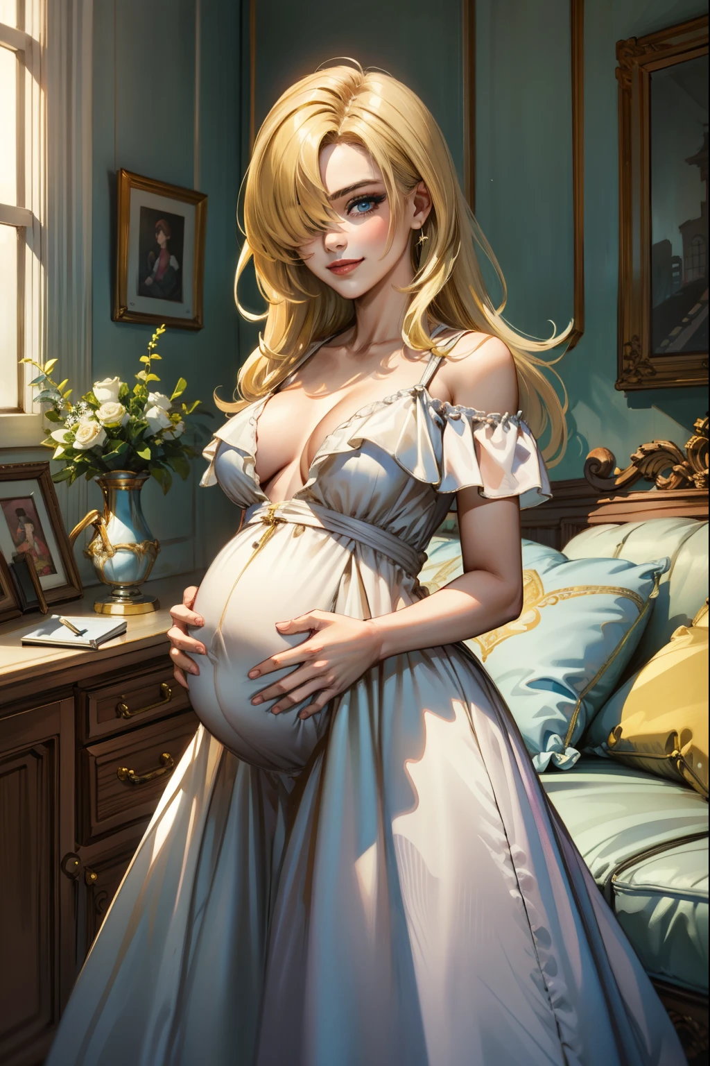 (masterpiece, best quality:1.2), solo, 1girl, hair over one eye, blue eyes, Gentle smile, Make up, Pregnant, contemporary house interior, Maternity dress,