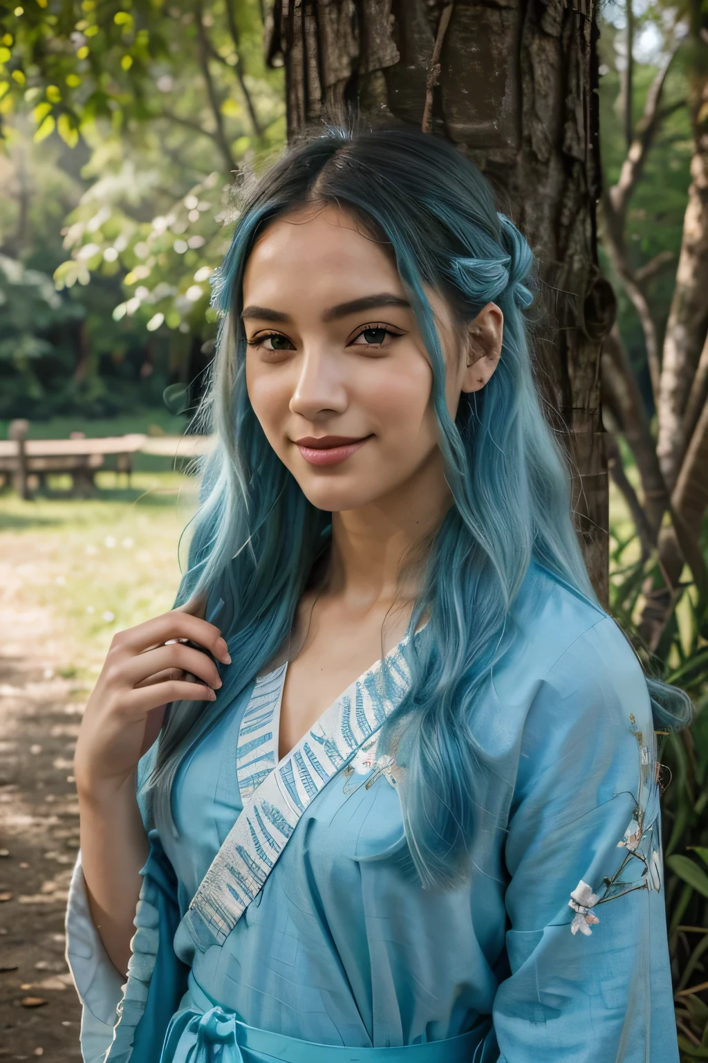 Obra de arte, melhor qualidade, arte oficial, Papel de parede 8K, muito detalhado, illustration, 1 garota, cabelo azul celeste, cabelo longo, olhos detalhados, Forrest Gump, Ombros nus, Hanfu, lago, puro, sorriso suave, bambu, tea