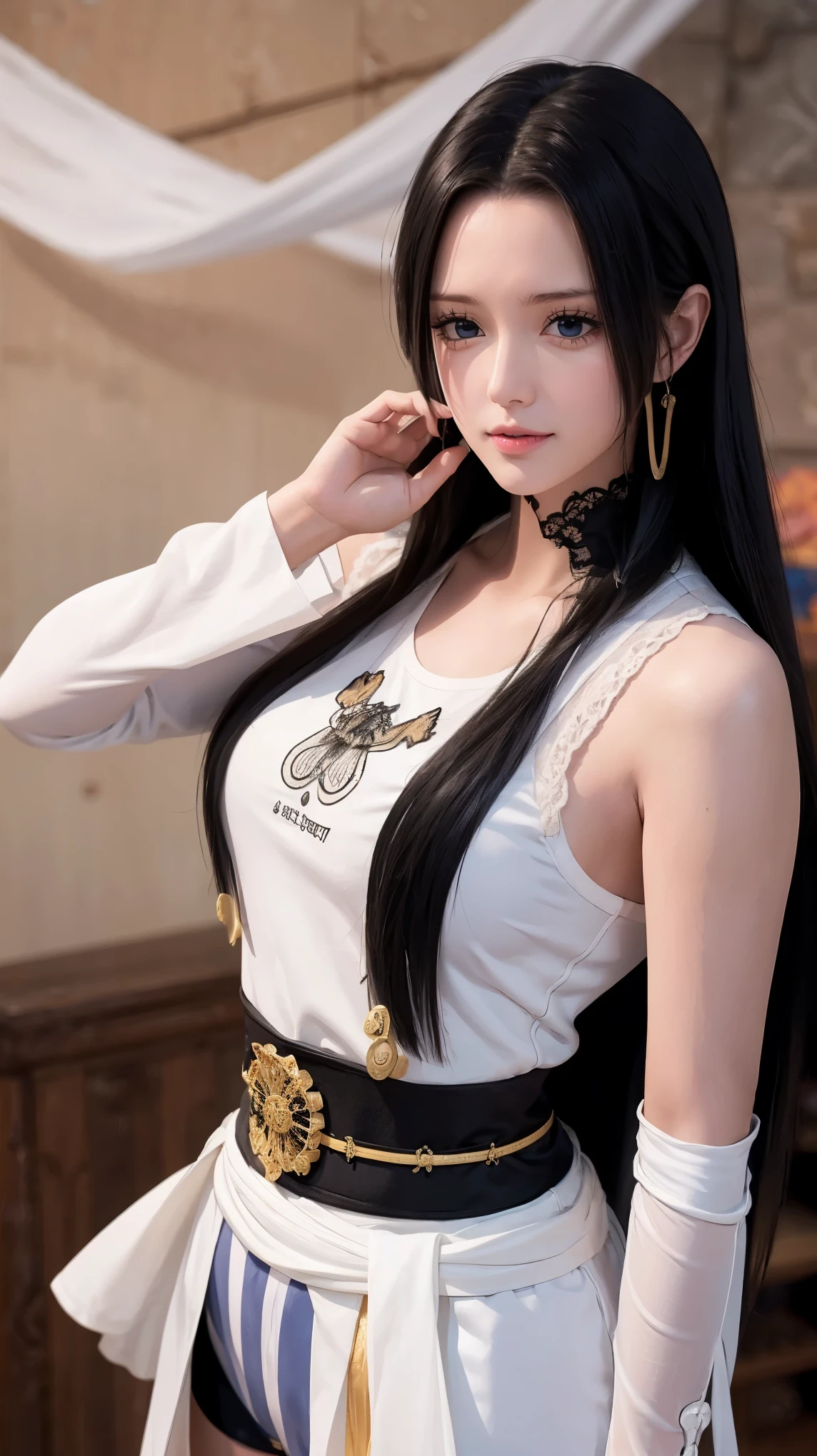 ，Close-up of miss wearing white mask, Beautiful character painting, guweiz, Gurwitz-style artwork, White-haired god, author：Yang Jie, Epic and beautiful character art, Stunning character art, author：Fan Qi, by Wuzhun Shifan, pixiv Art Street Guviz, Single ponytail, insult, High Ponytail, Tall and big, Long legs, (sleeveless lace shirt), (shorts), (Striped )), ((Striped )), Walk, elegant, dignified, miss, Beautiful curves, sweet smile, Strong sense of detail and layering, color丰富绚丽, Has a unique texture, rich and colorful, color, vivid, Design Art, 16K, Super detailed, {{illustration}}, {Extremely refined}, {Exquisite surface treatment}, Super detailed, Delicate and shining eyes, {{light}}, 极致light效果, Model: realism, CFG size: 12, Laura: Bright texture (1.35), high quality, masterpiece, Exquisite facial features, Delicate hair depiction, Detailed depiction of the eyes, masterpiece, best quality, Ray tracing, Extremely detailed CG unified 8k wallpaper, masterpiece, best quality, (1 girl), 完美miss身材, (((Skinny white T-shirt))),  (Delicate face), short black hair, Tie your hair up, light blue hairpin,  (White skin), (Optimal lighting), (Super intricate details), 4k unity, (Super detailed CG), Showing off her white legs, , Hot Pants, shorts,