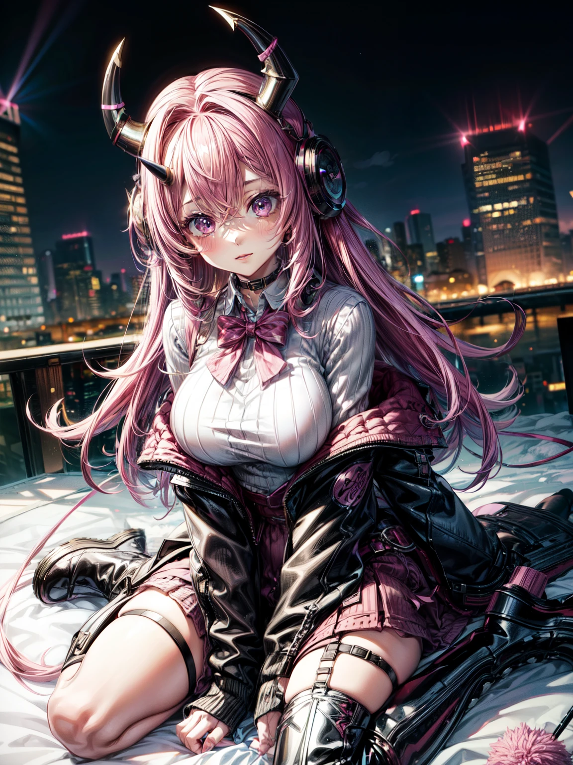 1girl, pink hair, trendy hairstyle, horns, hd quality, 4k, 8k, knitted cardigan, boots, fluffy hat, , kawaii, stepped on pov, below boot pov, huge , cityscape, crouched, demoness