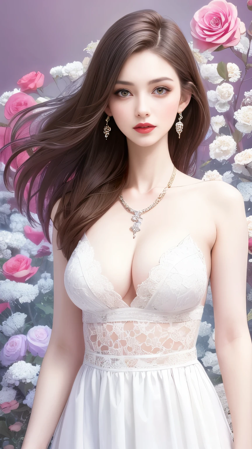 (masterpiece, best quality:1.2), 1girl, solo,mature_lady, delicate face,detail eyes,floating hair,medium , floating clothes,,White lace tube top dress,standing,rose,dark_background,  flower, ice_flower, icicle,