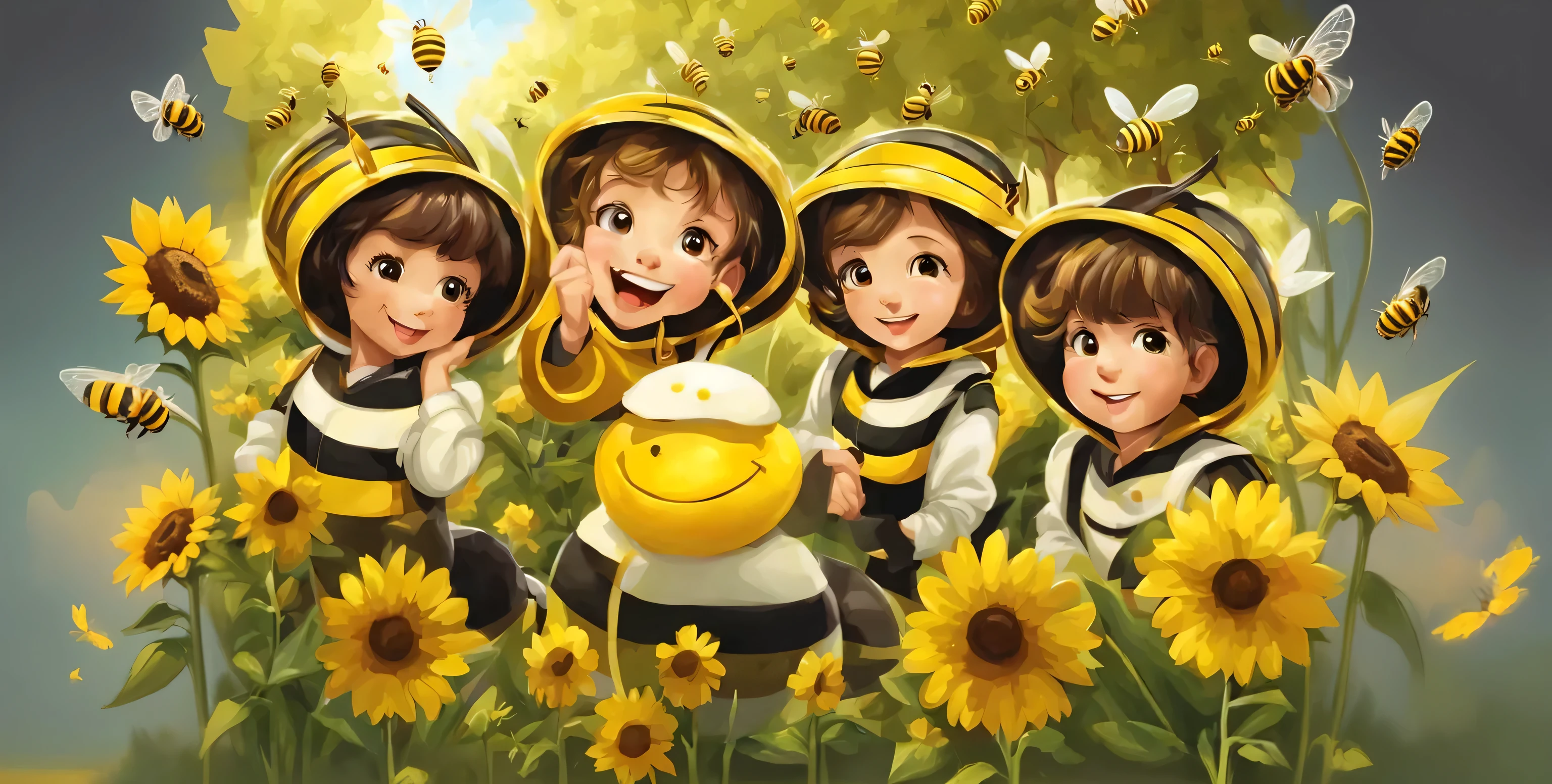 three children in bee suits standing in a field of sunflowers, bees, human structure bee concept art, fantasy beekeeper, charming digital painting, painting big bees flying around, made of bees, beeing happy, maya bee, beautiful artwork illustration, fan art, official fan art, children&#39;s illustration, cute digital art, traditional art, (bee), bee movie, HD wallpaper