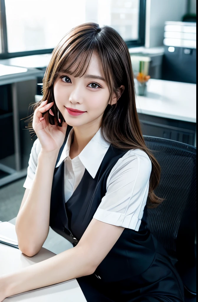 (Natural background), masterpiece, best quality, number, Super detailed, Finely, high resolution, 8k wallpaper, 完璧なダイナミックな構number, Delicate and beautiful eyes, Large Breasts, Natural lip color, pose casually, Smile, ((office)), 20 year old girl, full-body shot, long hair, ((working office uniform)), (dark), Outlook, sit on the chair