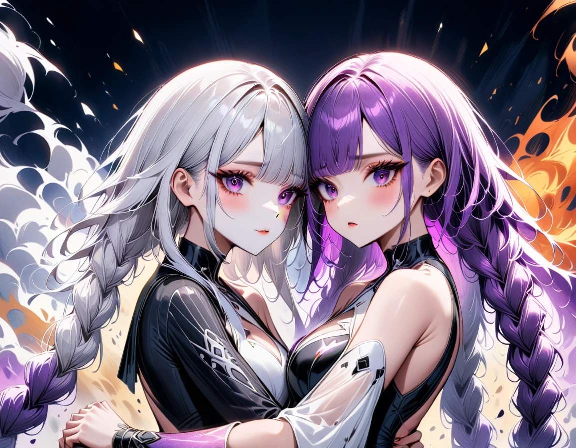 (2girls), extremely close-up, embrace, hold hands, snuggle, eye contact, (side by side),(look at viewer), Idols shine brightly on stage, purple eyes, silver hair, gradient hair, twin braided hair, cryptic girl, cyber girl, yinji, beautiful detailed eyes, beautiful detailed lips, extremely detailed eyes and face, long eyelashes, silver hair, gradient hair, twin braided hair, bang, purple eyes, digital painting, ultra-detailed, 8k, high quality, intricate details, cinematic lighting, dramatic atmosphere, moody, elegant, graceful, brilliant, dazzling, stunning, passionate, full of vitality, dreamlike, gorgeous, dazzling, charming, colorful, lively, vibrant, captivating, visually grand, dynamic, passionate, full of tension, passionate burning, colorful, masterpiece, best quality, very aesthetic, absurdres