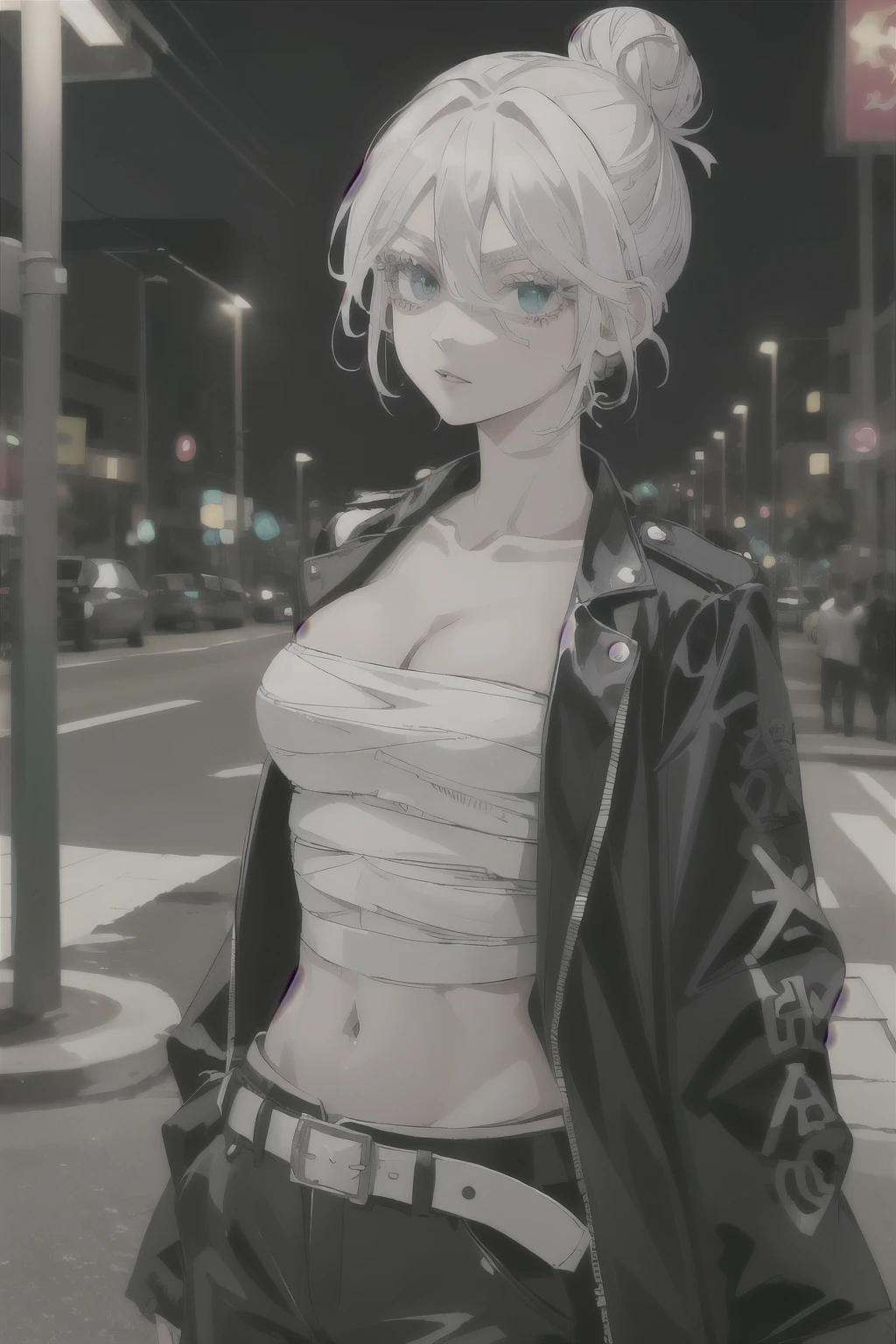 masterpiece, best quality, highres, 1girl, solo, short hair, white hair, hair bun, hair between eyes, colored eyelashes, aqua eyes, cleavage, sarashi, bandages, black jacket, open clothes, long sleeves, midriff, belt, black pants, standing, cowboy shot, outdoors, street, night