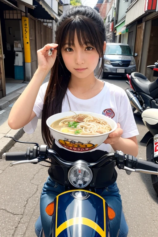 Japanese woman eating ramen on a motorcycle