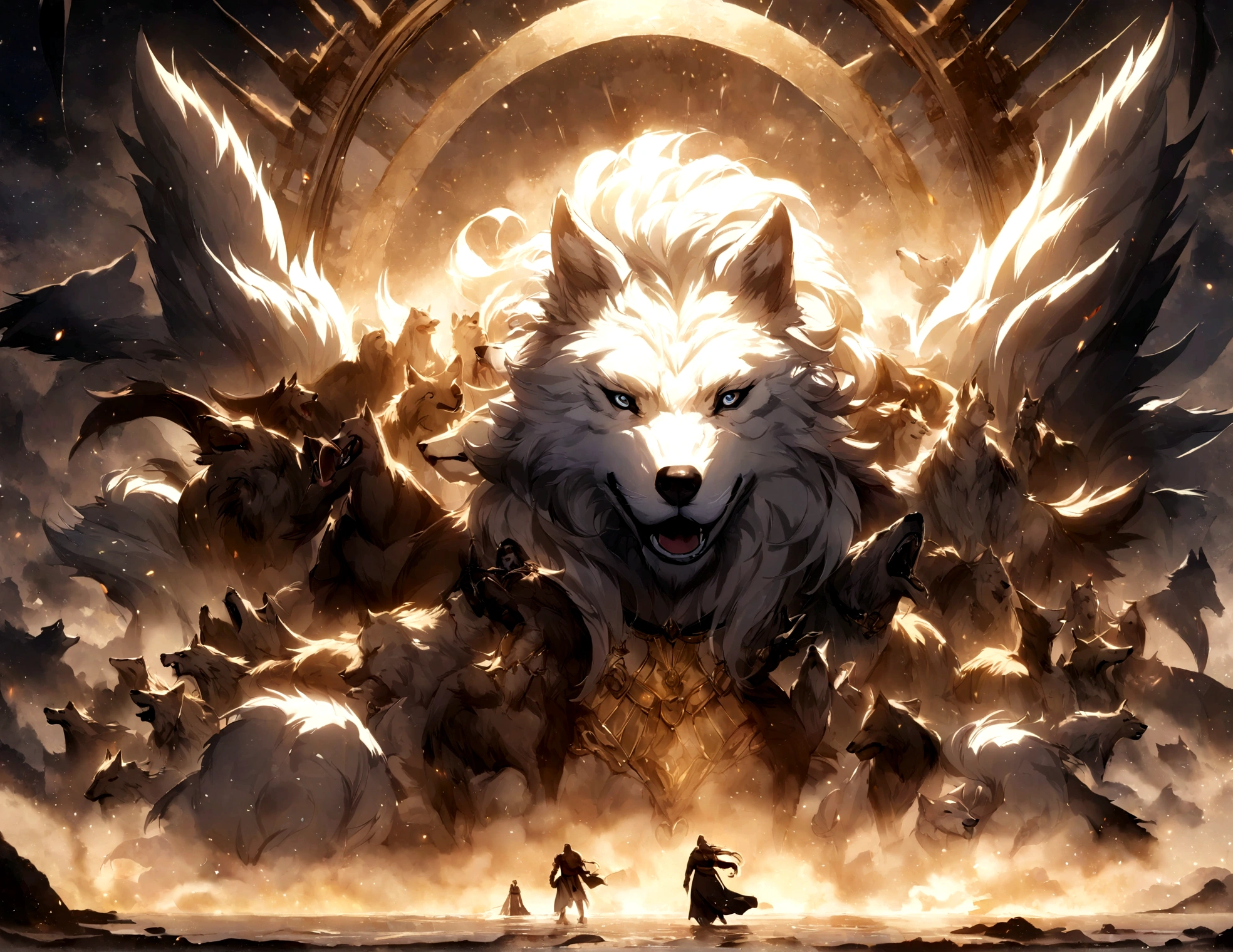 Um lobo na frente, Several wolves behind him, atmosfera escura, noite chuvosa