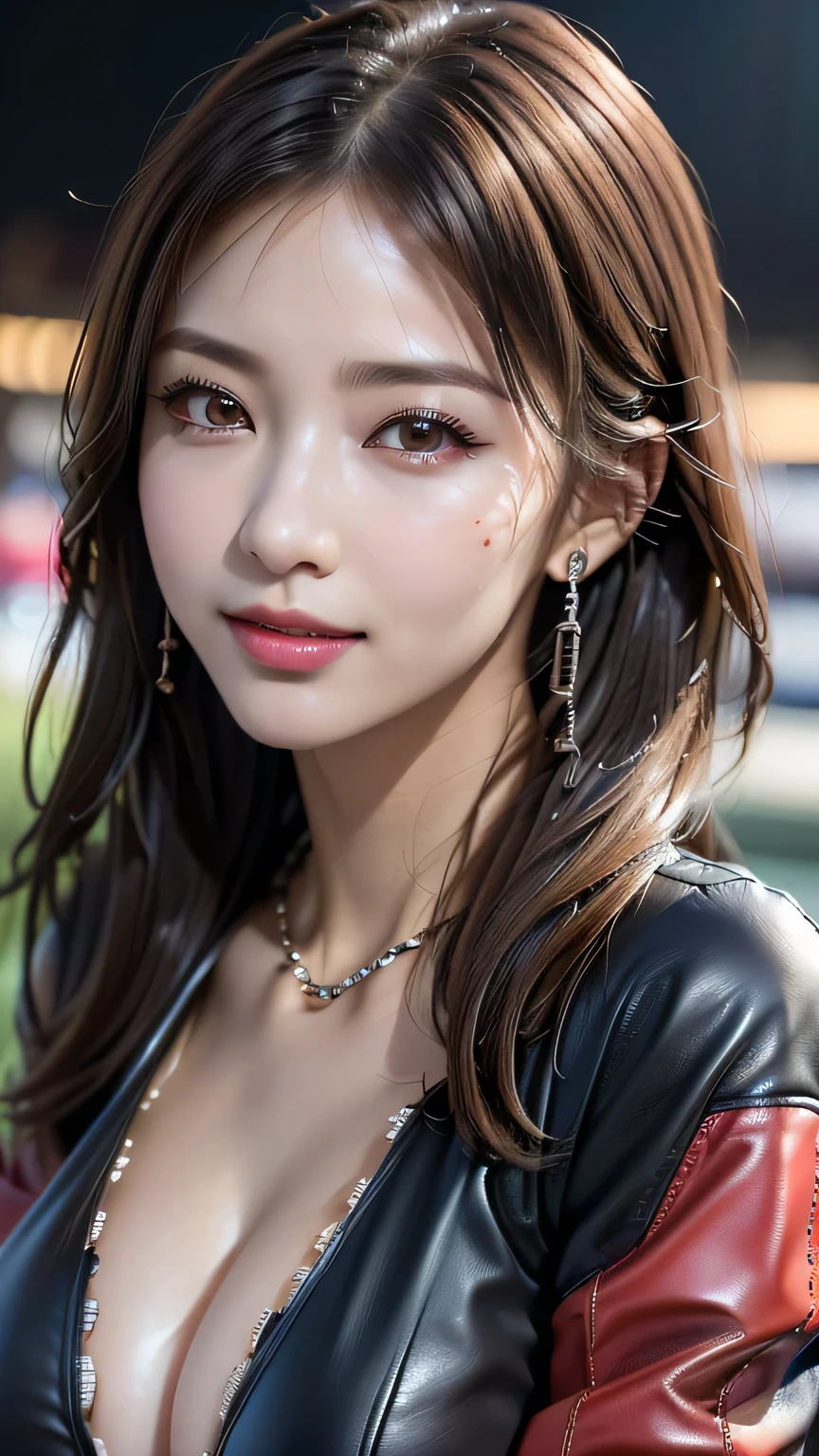 photorealistic Realism 16K Quality, (super quality details in realistic texture: skin, hair), ((Ultra high-res Realistic eyes, clear sharp, not blurry, absurd quality details:1.25)), (([eyes|eyeshadows]:[brown|pink])), ((portrait)), a cute 1model:1.4 24yo, (depth of field), ((anatomically correct)), ((perfect proportions)), dslr, best high quality soft lighting, sharp focus captured by Fujifilm XT3, f 5.6, in a dramatic lighting, ((perfect composition)), ((pale skin)), (dry skin), ((the entire outfit has a pattern, black and white checkerboard)), ((checkered pattern:1.3)), ((dressed in a slave's bra with chains, breasts covered by sexy [chainmai]l:1.25)), ((bondage made of chains: 1.32)), ((unbuttoned leather motorcycle open jacket:1.3)), intricate detailed:1.45), ((firm and full breasts)), beautiful cheekbones, Double eyelids, ((satisfaction smile, gorgeous appearance, electrifying appearance)), (((close up of her face:1.42))), (Dynamic pose), ((on the racetrack:1.3)), 