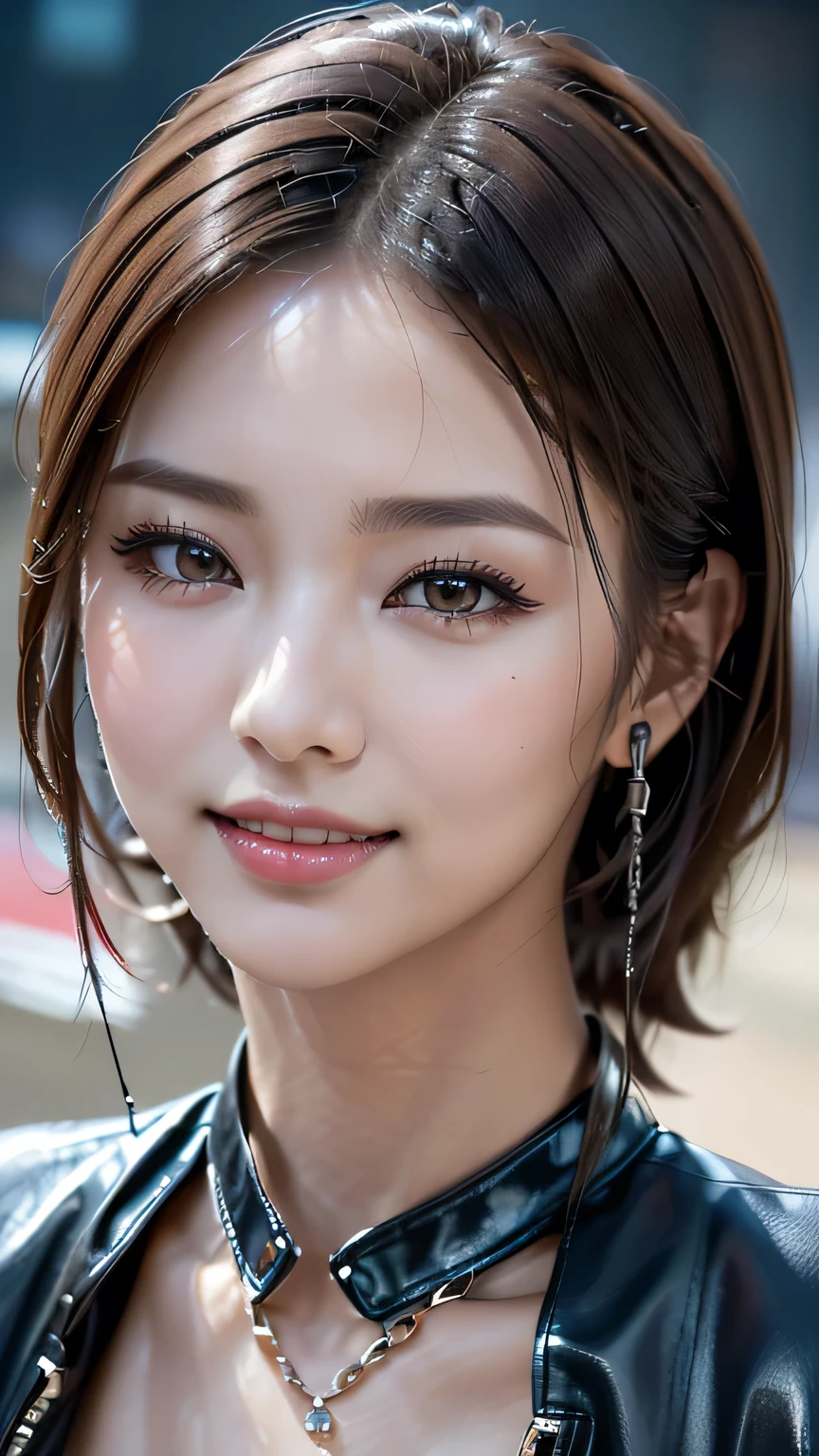 photorealistic Realism 16K Quality, (super quality details in realistic texture: skin, hair), ((Ultra high-res Realistic eyes, clear sharp, not blurry, absurd quality details:1.25)), (([eyes|eyeshadows]:[brown|pink])), ((portrait)), a cute 1model:1.4 24yo, (depth of field), ((anatomically correct)), ((perfect proportions)), dslr, best high quality soft lighting, sharp focus captured by Fujifilm XT3, f 5.6, in a dramatic lighting, ((perfect composition)), ((pale skin)), (dry skin), ((the entire outfit has a pattern, black and white checkerboard)), ((checkered pattern:1.3)), ((dressed in a slave's bra with chains, breasts covered by sexy [chainmai]l:1.25)), ((bondage made of chains: 1.32)), ((unbuttoned leather motorcycle open jacket:1.3)), intricate detailed:1.45), ((firm and full breasts)), beautiful cheekbones, Double eyelids, ((satisfaction smile, gorgeous appearance, electrifying appearance)), (((close up of her face:1.42))), (Dynamic pose), ((on the racetrack:1.3)), 