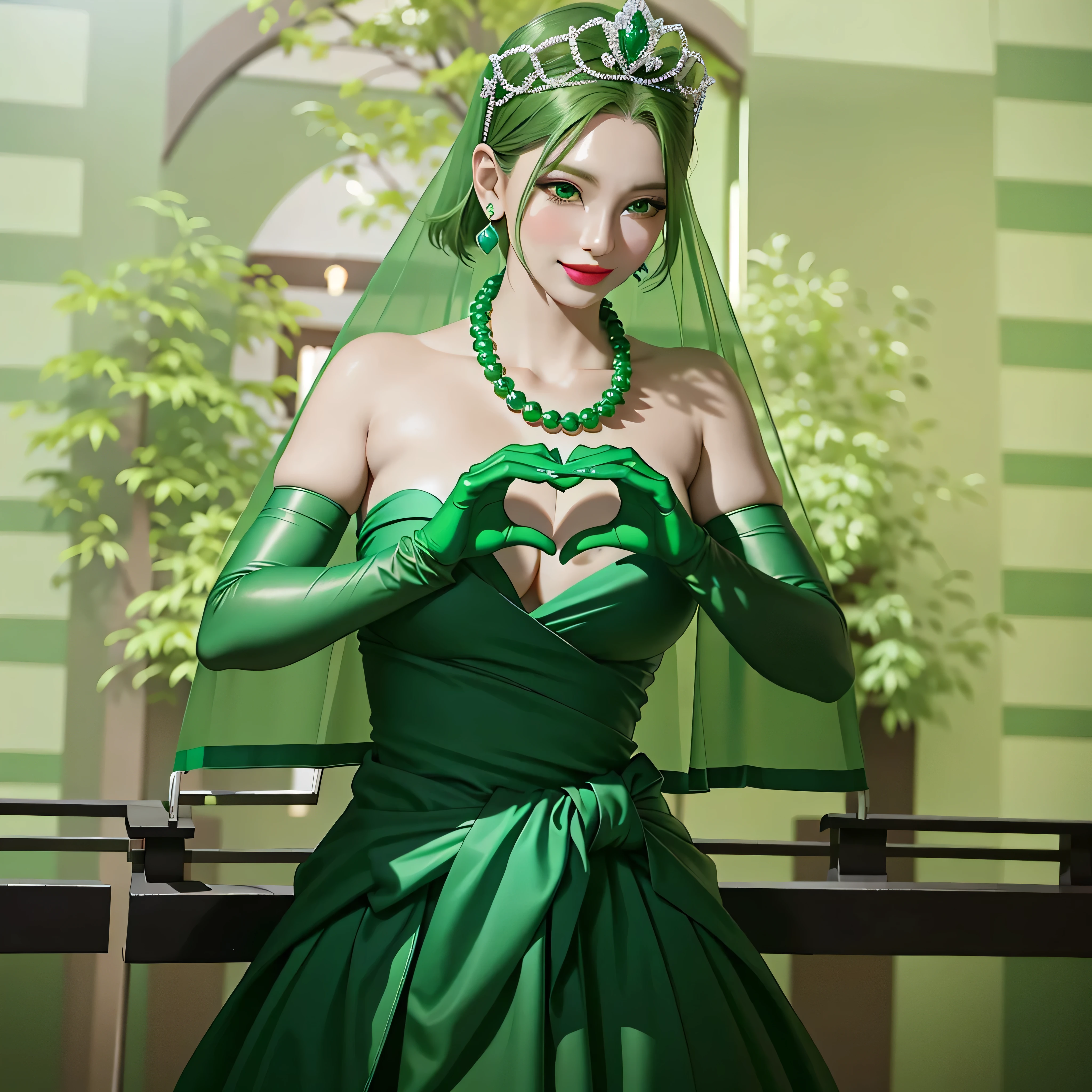 Emerald tiara, Green Pearl Necklace, Boyish very short green hair, Green Lips, Smiling Japanese woman, Very short hair, Busty beautiful lady, Green Eyes, Green satin long gloves, Green Eyes, Emerald Earrings, Green Veil, Heart with both hands, Green Hair, Beautiful Japanese Woman, Heart shaped hands:1.3, green lip gloss