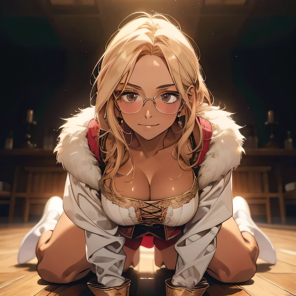 (Best image quality),masterpiece,8k wallpaper,One Woman,22 years old,Europe,((German folk costume)),(Blonde,Golden eyebrows),(Glasses),((Large Breasts)),Cleavage,((Brown Skin:1.4)),On all fours,Looking up at the audience,Captivating smile,blush,The background is a German village,Natural soft light,frontage,70 degree angle of view