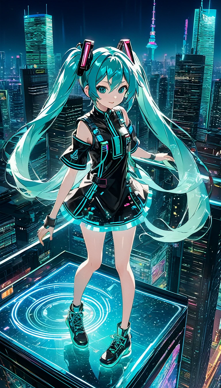 (People standing on rooftop: 1.3, at helipad on top of skyscraper), (transparent hologram woman, holographic projection on rooftop helipad: 1.3), (transparent Hatsune Miku:1.3, Hatsune Miku made of light particles:1.3), detailed face, (transparent cyberpunk-style Hatsune Miku in cyberpunk outfit: neon colours, metallic accents, high-tech gadgets), fantasy, (light particles emitted from her feet: 1.5), realistic, mystical:1.3, dancing groovily to music, dynamic, neon glow lighting, digital art:1.3, masterpiece Best quality, exquisite in detail, 8k, Composition from above