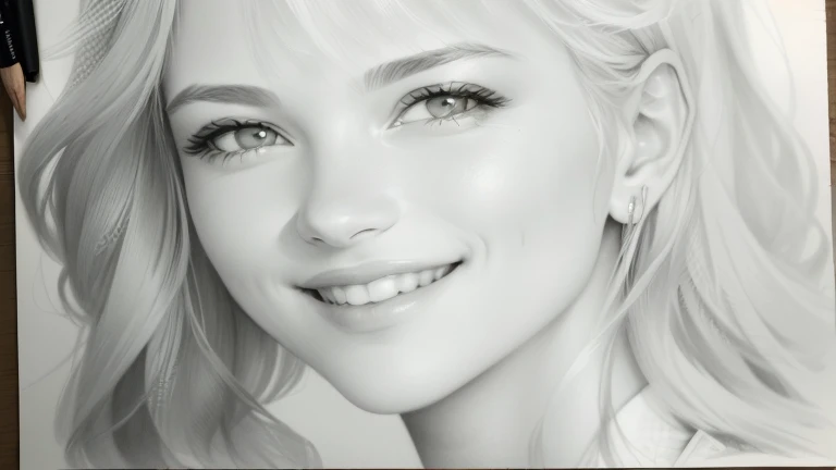 8k, pencil draw carvão, desenho of a woman with a smile on her face, realistic sketch, pencil draw, pencil draw, retrato realista, realism desenho, a pencil draw, professional portrait desenho, hyperrealistic sketch, arte tradicional, retrato detalhado, grafite realista, realistic desenho, feche o retrato, belo retrato detalhado, art sketch, desenho, pencil desenho, sem sombreamento, imagem realista
