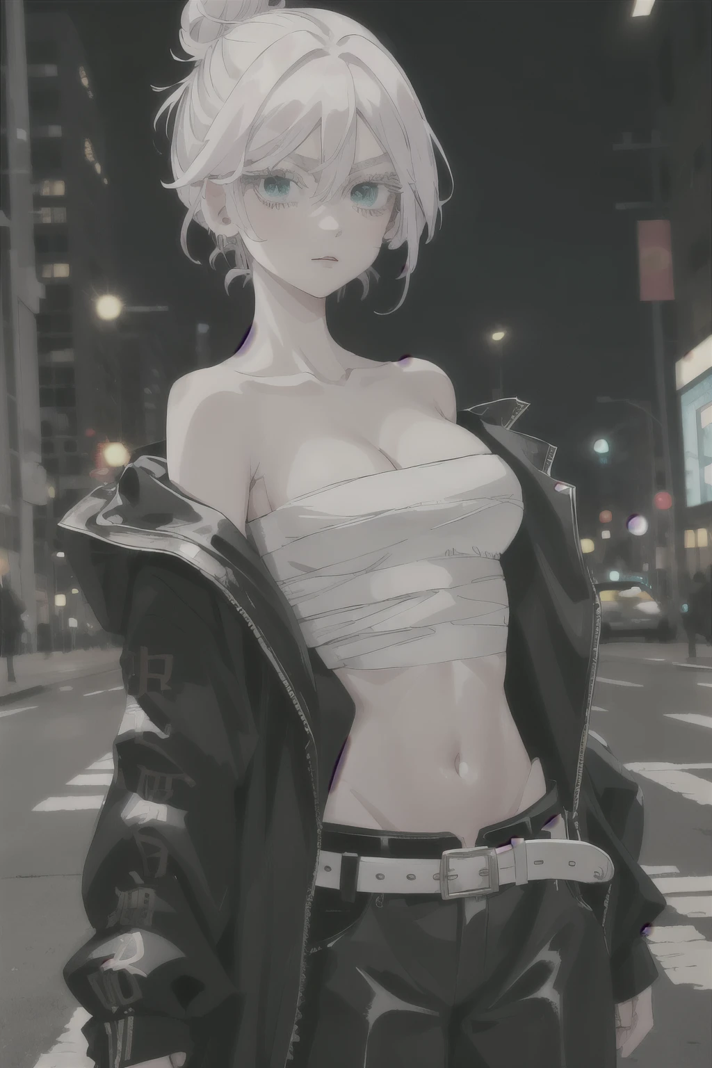 masterpiece, best quality, highres, 1girl, solo, short hair, white hair, hair bun, hair between eyes, colored eyelashes, aqua eyes, cleavage, sarashi, bandages, black jacket, open clothes, long sleeves, midriff, belt, black pants, standing, cowboy shot, outdoors, street, night