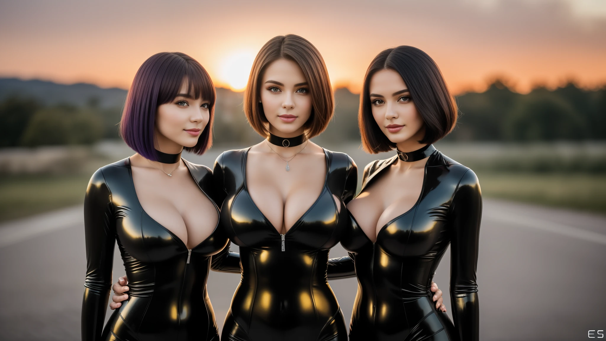 three girls, masterpiece,best qualtiy,hdr, hyper HD, 8K,Bokeh,Ultra-fine painting,Sharp focus,Physically-based rendering,Extreme detail description,portraitures,full-body photo,looking at viewer, (long bob_cut hair), Sexy smile, choker, (latex suit:1.2), (in sunset light:1.2), (kissing:1.2), perfect eyes, perfect hands, perfect body, perfect hair, (Big breasts:1.4), (EOS R8, 50 millimeters, F1.2, 8K, RAW photo:1.2), photograph by arny freytag