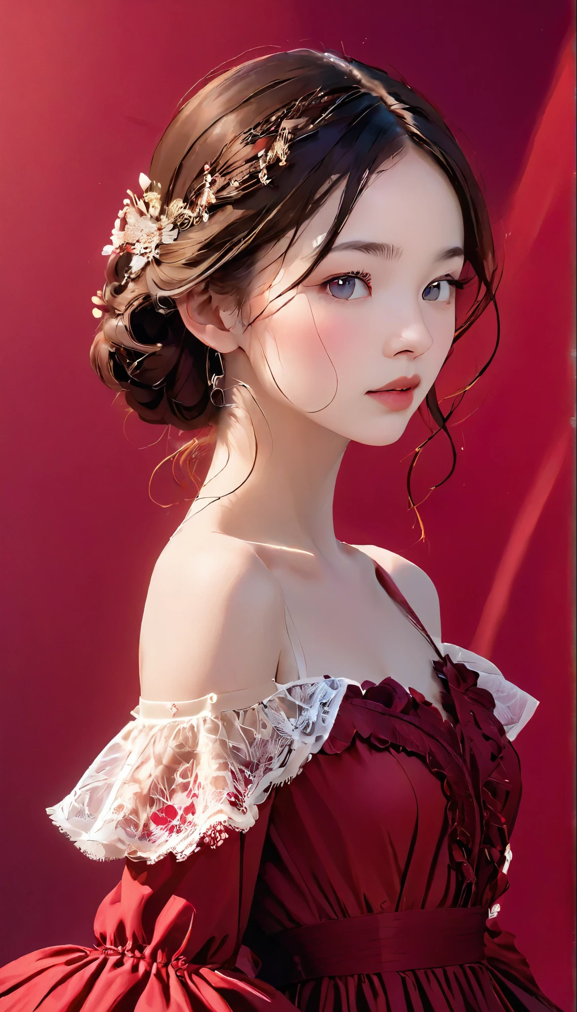 Young woman standing in front of a crimson background、She is wearing a gorgeous red dress。The dress is decorated with lace and frills.、Exposed shoulder design.。The Woman&#39;Long hair is soft and wavy、Her head is adorned with a red flower hair accessory...。Gorgeous gold earrings dangle from her ears...。

The Woman&#39;His face is full of confidence、The slightly sad eyes are characteristic.。The details on the dress are exquisite、The floral decoration on the chest is particularly eye-catching...。Butterfly fluttering in the background.、Creates a fantastic and romantic atmosphere.。

as a whole、Feminine beauty and passionate red stand out.、Gives a dramatic and elegant look。