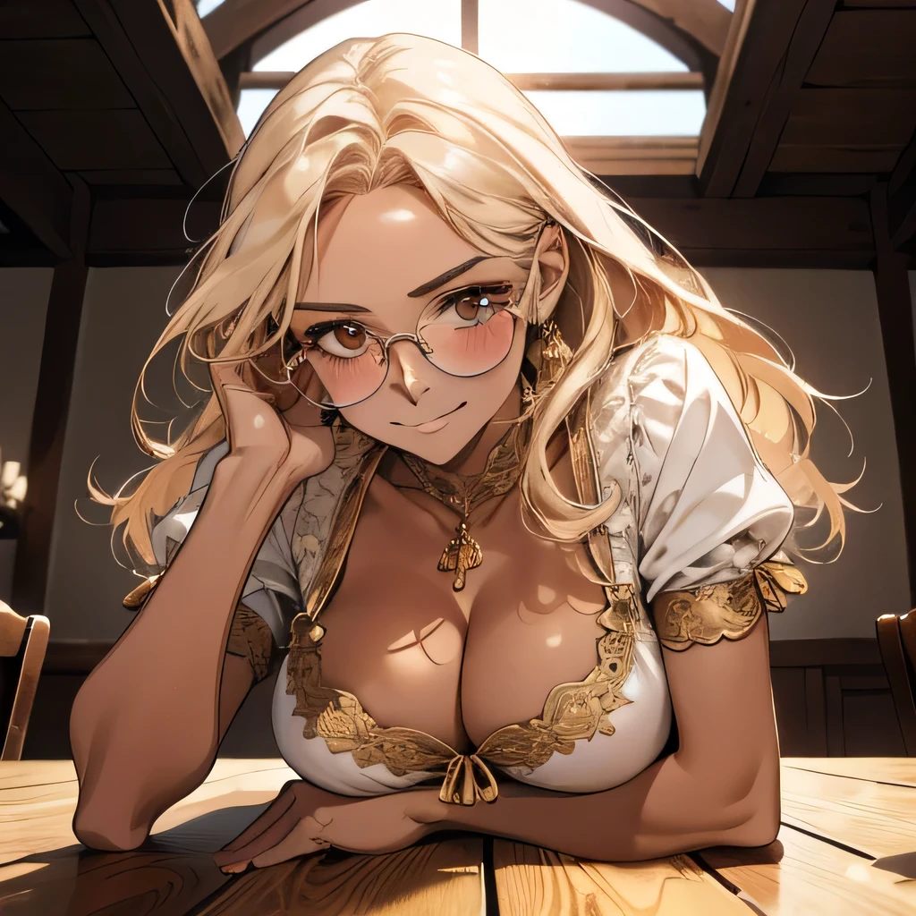 (Best image quality),masterpiece,8k wallpaper,One Woman,22 years old,Europe,((German folk costume)),(Blonde,Golden eyebrows),(Glasses),((Large Breasts)),Cleavage,((Brown Skin:1.4)),Sunburned skin,On all fours,Looking up at the audience,Captivating smile,blush,The background is a German village,Natural soft light,frontage,70 degree angle of view