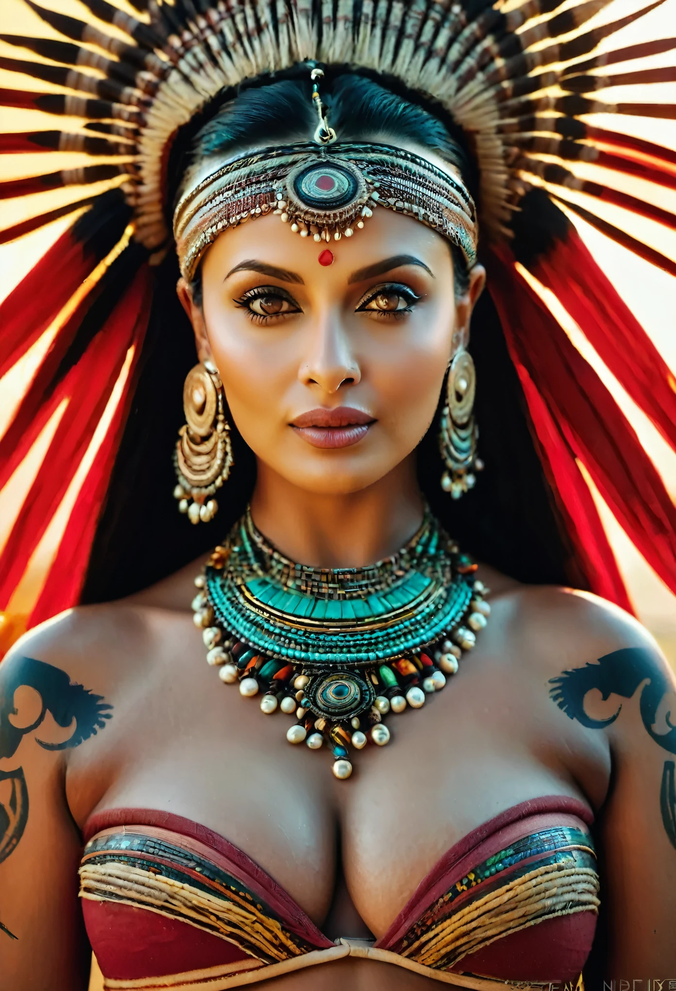 Foto RAW, skin glistening by sweat, looks like Aishwarya Rai Bachchan, , thick figure, curvy, milf, 50 years old Woman, tattoo in the middle of her breast, with realistic Indian headdress , tribal girl, stunning looks, tribal headdress, tattoos, colourful tribal tattoos, tribal white girl, Polynesian tribe, best quality , best cinematic colour grading, detailed lighting, high resolution , (pele altamente detalhada: 1.2), 8k UHD, DSLR, soft-lighting, alta qualidade, grain of film, Fujifilm XT3, highly detailed armpits, armpits hair, fully naked, nipples covered by hai, skin pores, skin texture, high quality skin,
