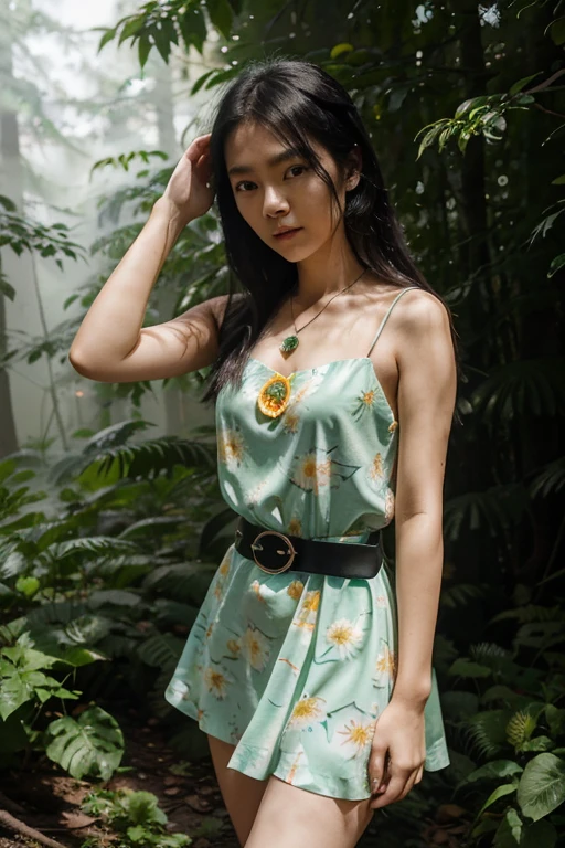 Maomao, 18 year old Asian girl, long messy greenish black hair, blue eyes, white skin, green spider print lemon orange dress with pastel orange belt, spider print, matching crystal flower necklace. Forest background with fog aura around black color
