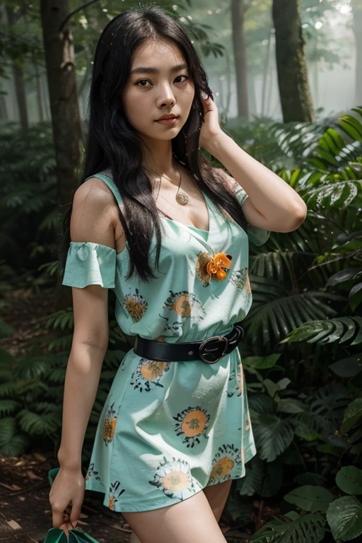 Maomao, 18 year old Asian girl, long messy greenish black hair, blue eyes, white skin, green spider print lemon orange dress with pastel orange belt, spider print, matching crystal flower necklace. Forest background with fog aura around black color