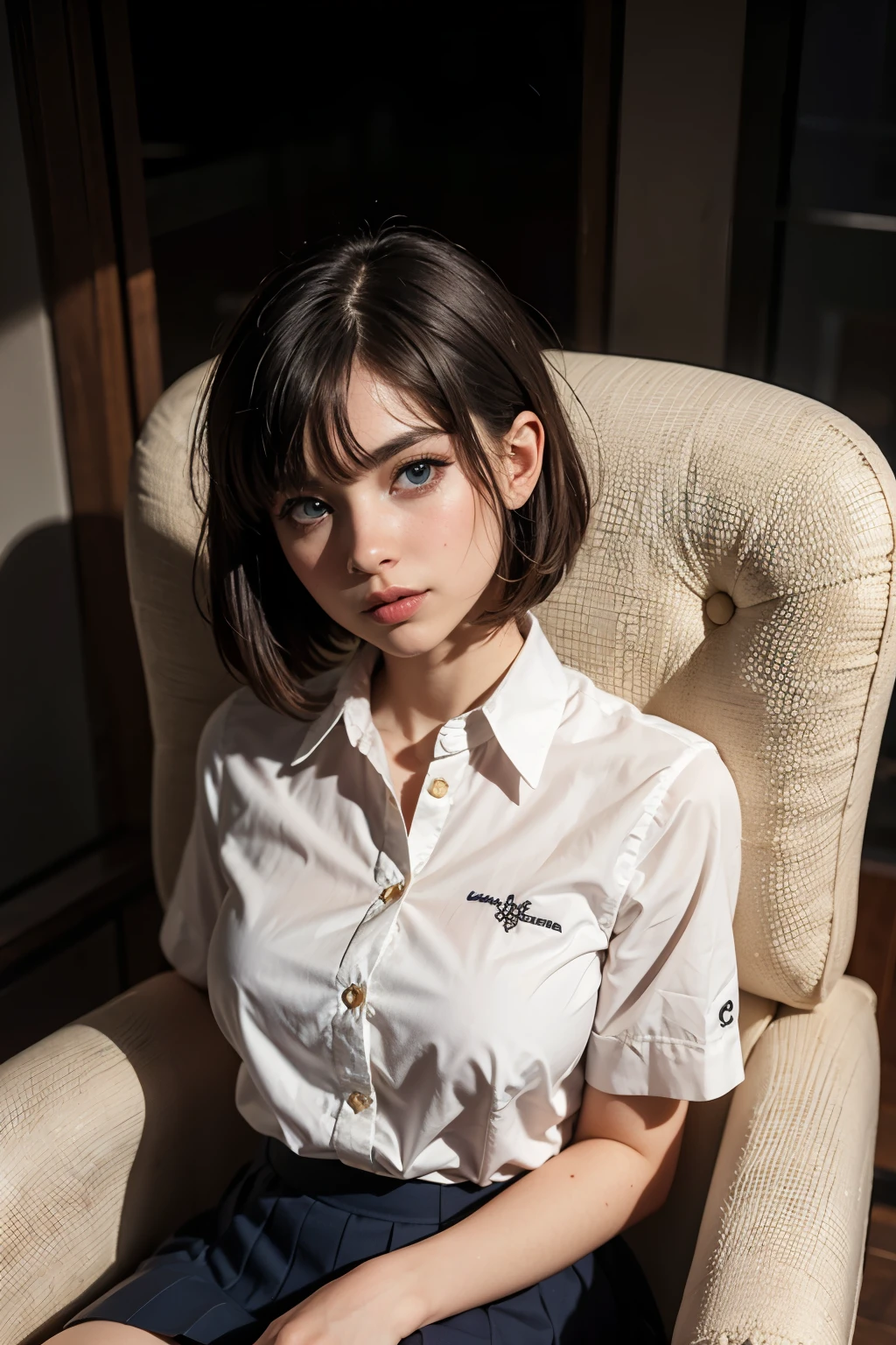 35mm film, solo, bob cut, makeup, blue eyes, small tits, (anime school uniform) in night (((in a armchair))) upper body, epiCPhoto,focus on face, close to viewer, intricate lines, sharp magnificent details, delicate features, elaborate details, beautiful girl, black hair, (short hair) twenty year old woman, ((upper body)) (Acne), formal shirt, , skirt ((natural lighting))