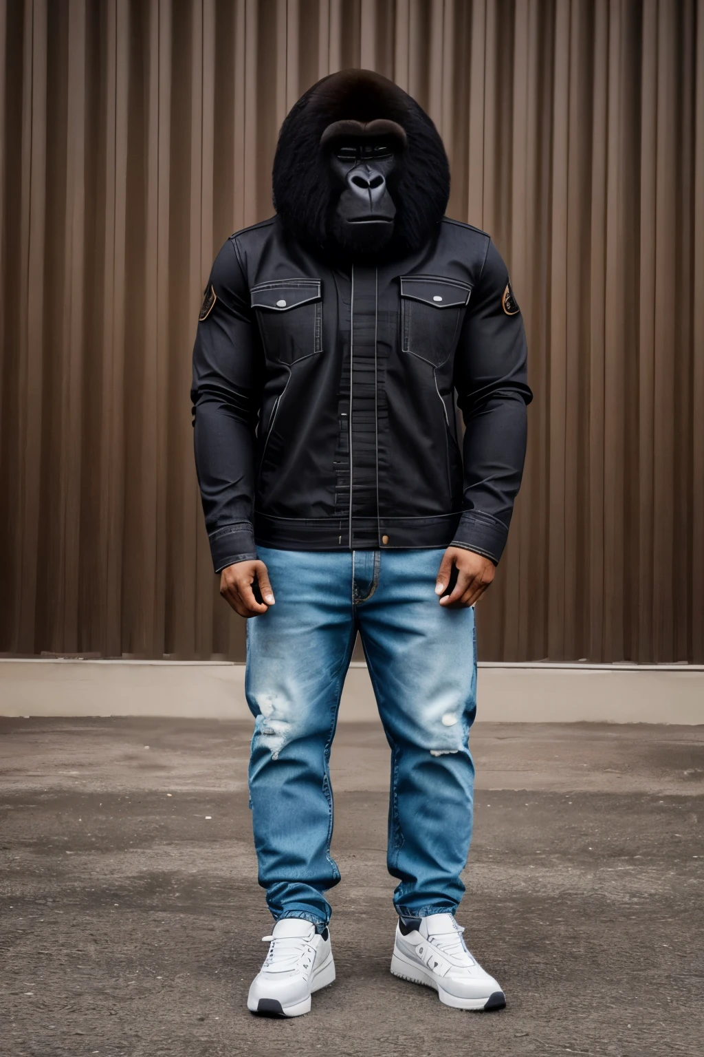 Muestrame un gorilla peludo con cara de malo vestido con campera de jean y pantalones adidas negros