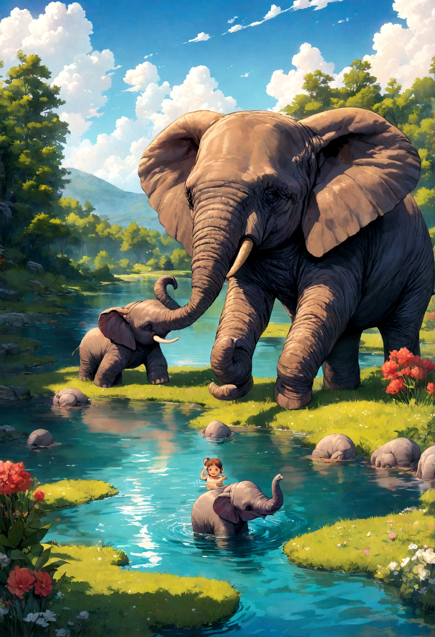 Elephant parent and child Bathing looks fun lake