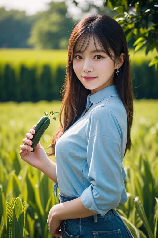 analog photo,photo RAW,(
peasant korean woman in the field, little smile, holds long cucumber in her hand, cowgirl clothes, seductive pose, look to camera,(bokeh:1.1)
),award winning photography,hyper detailed, intricate, extremely beautiful, photo realistic, rich colours, dark shadows,masterpiece, best quality, highly detailed, natural lighting, beautiful detailed, insanely intricate details, perfect lighting, incredible detail, hypermaximalistic, natural balance color, 8k, ultra detailed, beautiful and aesthetic, extremely detailed, elegant, atmospheric