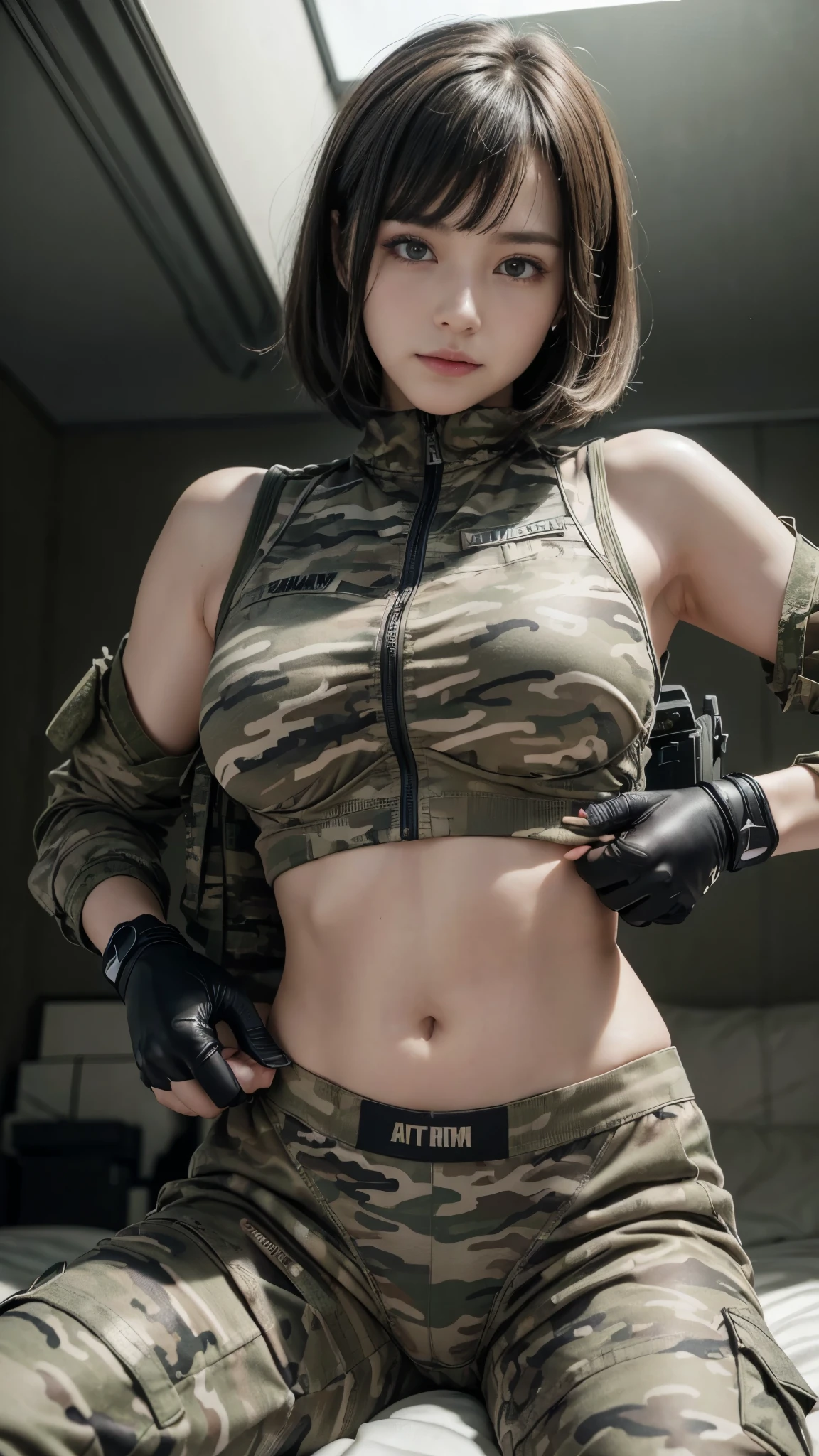 nsnw:0.7、((masterpiece、highest quality、Realistic、Very detailedな、High resolution、Photorealistic、Sharp focus))、Beautiful woman、(Cowboy Shot)、Super busty women、Big eyes、Soft Skin、Pale skin、Lift your chin a little、Shut your mouth.、smile 、Sad expression、Beautiful and detailed short hair with bangs、((army camouflage uniform))、Camouflage Tactical Vest、((Camouflage pants))、Combat Gloves、Machine gun with strap、((A simple black undershirt))、Tank in the background、White smoke、Detailed hand drawing、((((Take off your pants))))、(((Wearing white panties)))、((Delicate painting)),(Detailed RAW photos of girls), (Pieces fly:1.25), (highest quality:1.6), (超High resolution:1.5), (that's photoRealistic:1.75), 8K resolution, Canon EOS R5, 50mm, Confused, Very detailed,Cinema Lighting,