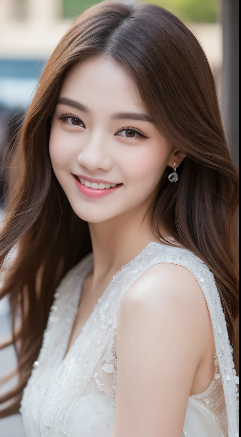 ((Best quality, 8k, Masterpiece :1.3)), 1girl, smiling, full body, slim face, Pretty woman, (Dark brown hair), full length dress :1.1, Ultra-detailed face, Detailed eyes, Double eyelid, blur background, slim face, city, outside, street,