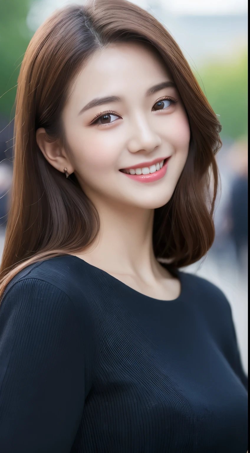 ((Best quality, 8k, Masterpiece :1.3)), 1girl, smiling, full body, slim face, Pretty woman, (Dark brown hair), full length dress :1.1, Ultra-detailed face, Detailed eyes, Double eyelid, blur background, slim face, city, outside, street,