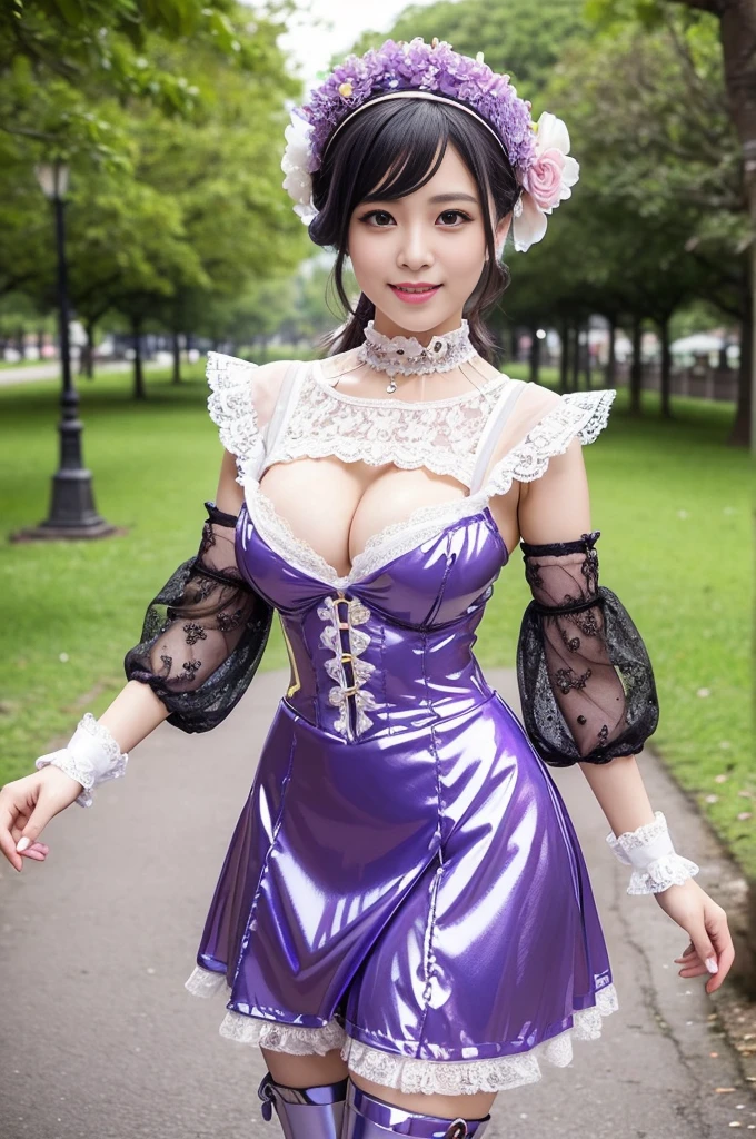 (nsfw), sexy stylish Thai model, only 1 female, ((doll-like appearance)), short lilac stylish hair, ((shiny Victorian-Style boots)), (big smile), ultra detailed eyes, vivid eye makeup, lipgloss, long lashes, defined eyebrows, ((sexy Paradise Kiss cosplay)), bell-shaped skirt, petticoats, high neckline, puffed sleeves, ((ultra detailed lace)), ((ultra detailed embroidery)), intricate details, Paradise Kiss accessoires and matching headpiece, choker, ((large sparkling Paradise Kiss jewelry)), cinematic light, detailed large park background with trees